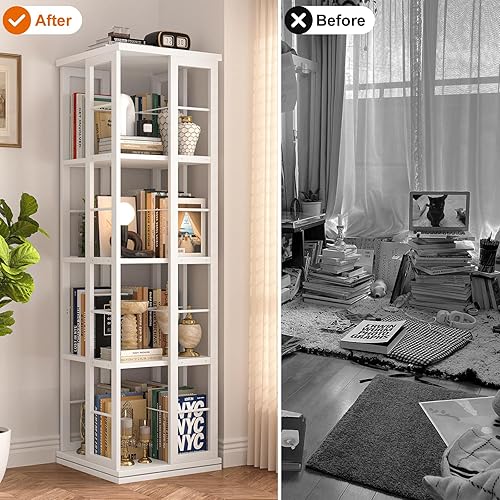 Miniatura 7 de Estantería giratoria, estantería de esquina giratoria de madera 360, estantería estrecha de 4 niveles, estante organizador giratorio de