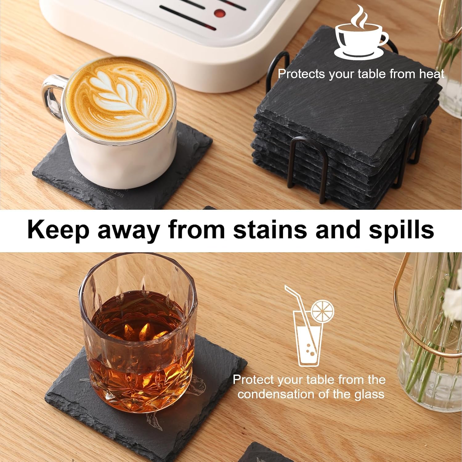16 Pack Stone Coaster Set with Metal Stand 4-inch Square Laser-Engraved Black Stone Coasters with Protective Pads on The Bottom Ideal for Home,bar, and Gift Occasions (Weddings, housewarmings) - Image 5
