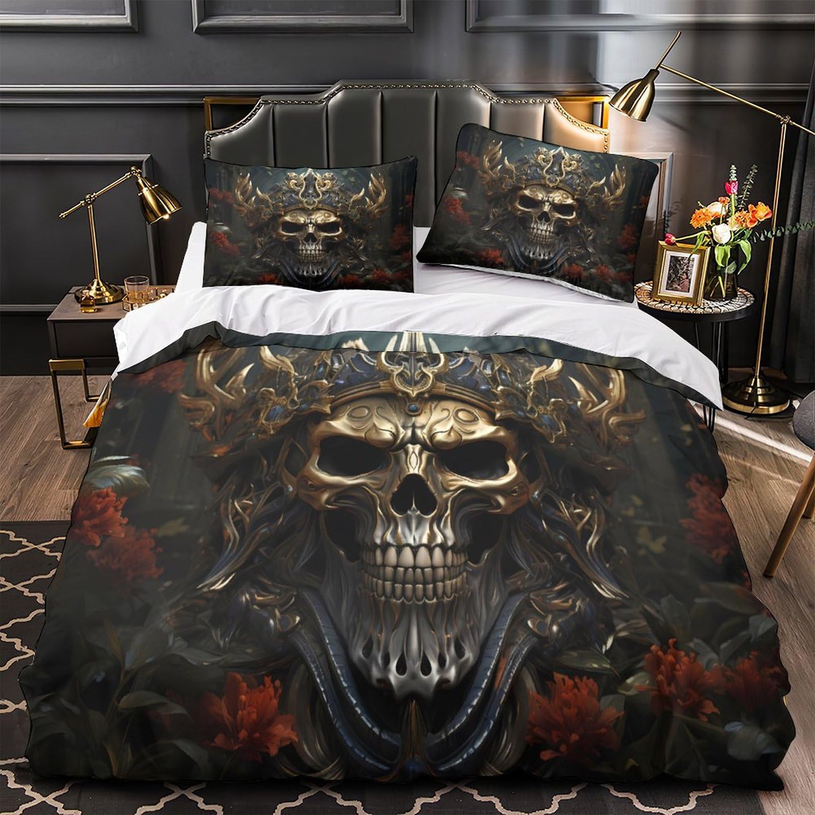 Housse de couette crâne microfibre pour literie grand lit sans repassage