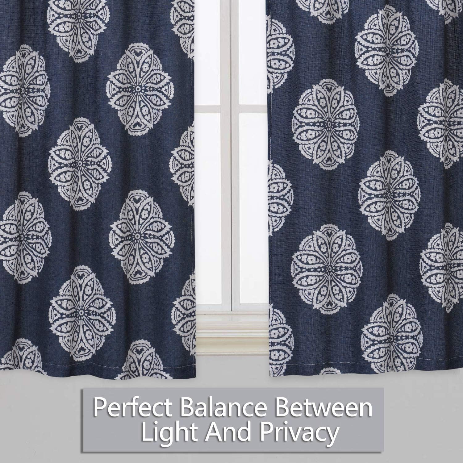 CAROMIO Cafe Curtains 45 Inch Length, Floral Medallion Damask Print Linen Blended Tier Curtains for Kitchen Cafe Bathroom Window Curtains, Dark Navy