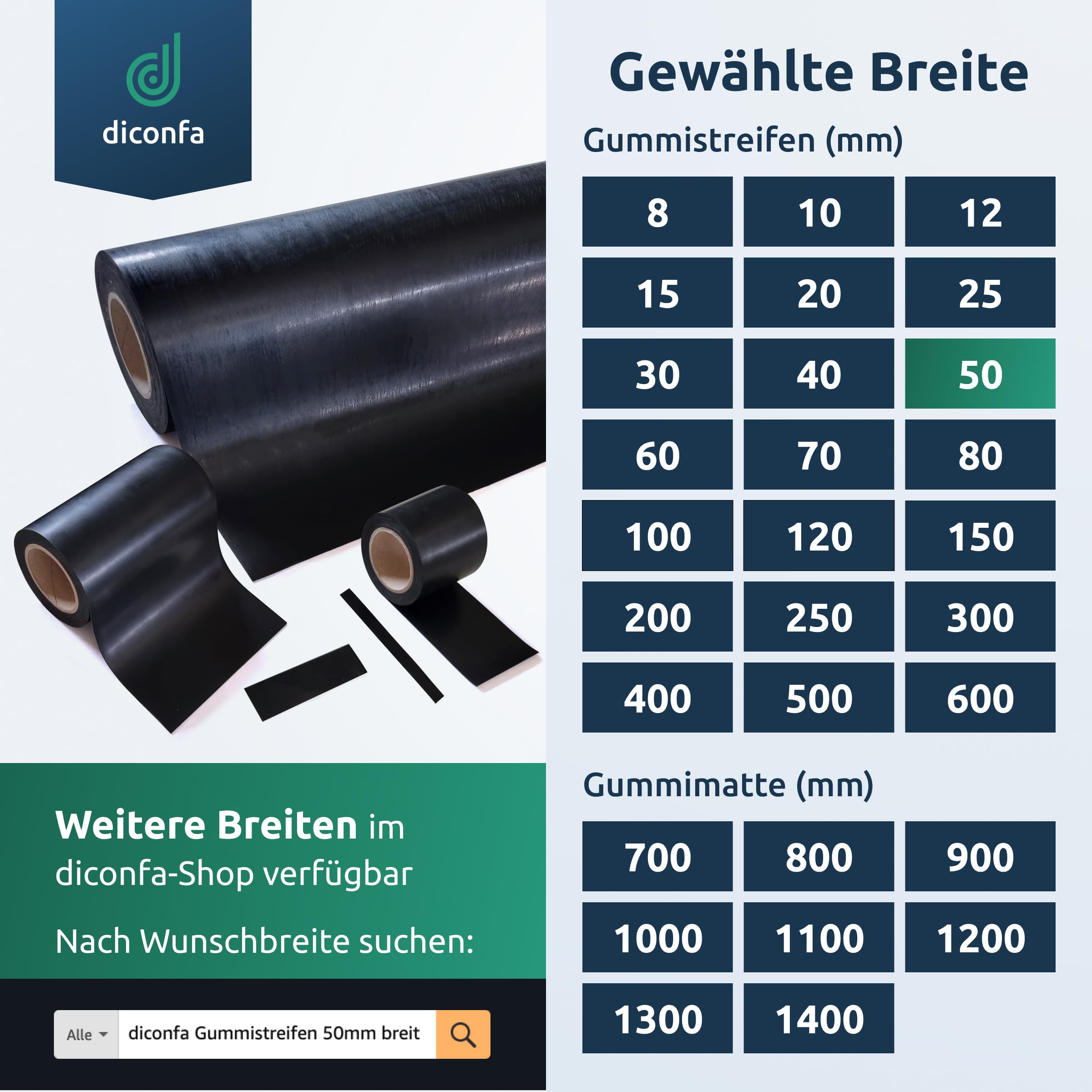 diconfa Bande de Caoutchouc Largeur 50mm 5 cm - ÉPAISSEUR 1 à 10 mm - Longueur 0,05 à 10 m - 8200 mm 820 cm de Long, 4 mm d'épaisseur - Tapis en Caoutchouc Vendu au mètre antidérapant