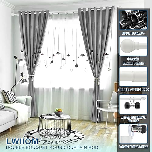 Miniatura 4 de Barras de cortina dobles con soportes de aluminio para ramo y remates redondos, barras de cortina blancas mate para ventanas de 48 a 86 pulgadas,