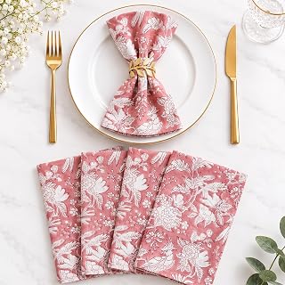 CPC Pink Coral Block Print Cotton Cloth Napkin 18x18 Set - 4 | decorative, Reusable floral Everyday Napkins, Soft, Absorbent, Floral Dinner Napkin, Holiday, Party Gift, Colorful, Wedding