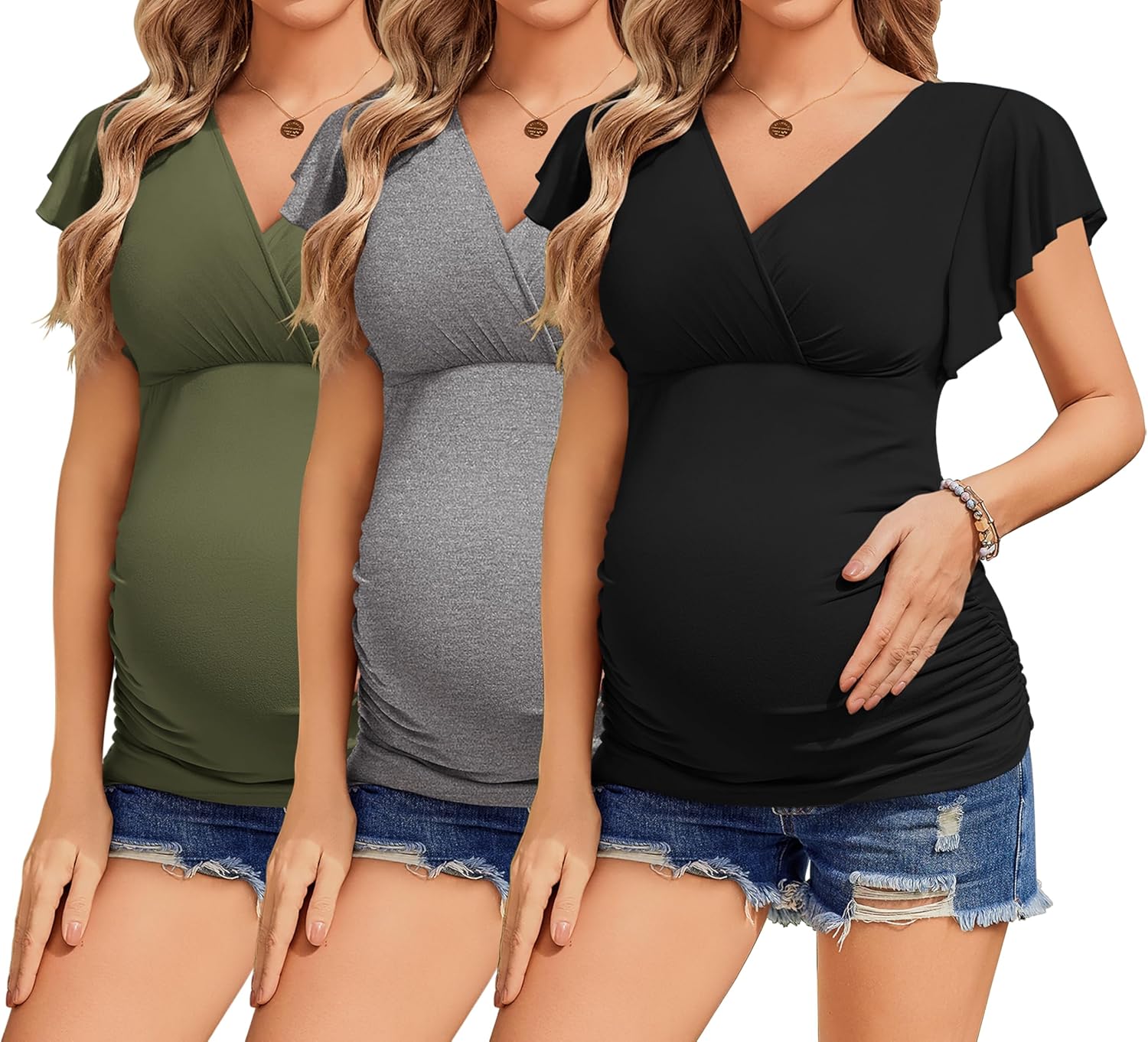 Ekouaer Women’s Maternity Shirts 3 Packs Nursing Tops Flying Short Sleeve Breastfeeding Tees Side Ruched Pregnancy Clothes