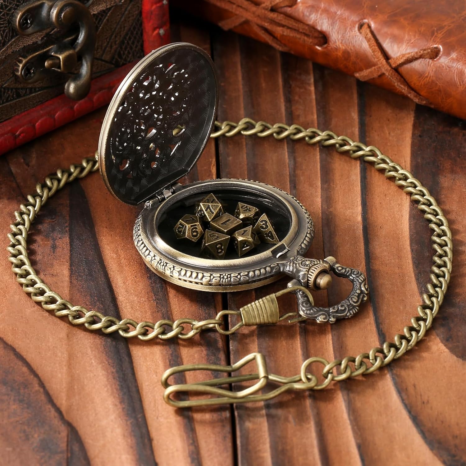 Mini DND Dice Set with Steampunk Hollow Gear Pocket Watch Case, Tiny 7-Piece Polyhedral Metal D&D Dice, DND Gifts with Gift Box, Role Playing Game Board Game Accessories Dice, Bronze