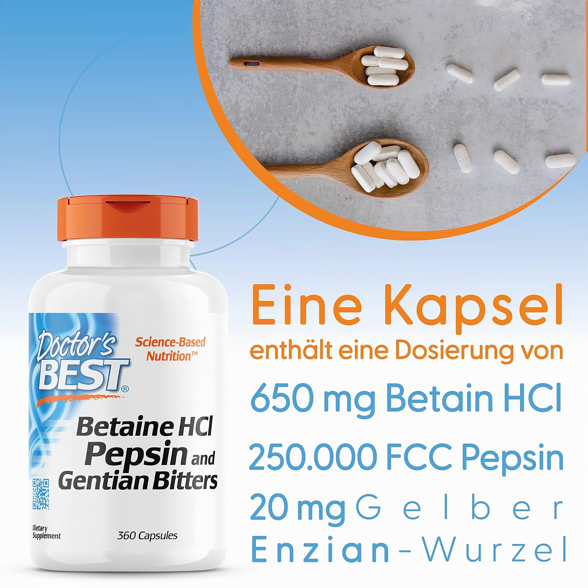 Doctor's Best, Betain HCl (Betain Hydrochlorid) mit Pepsin und Bitterstoffe aus Enzian, 650mg, 360 Weichkapseln, Hochdosiert, Laborgeprüft, Sojafrei, Glutenfrei, Ohne Gentechnik