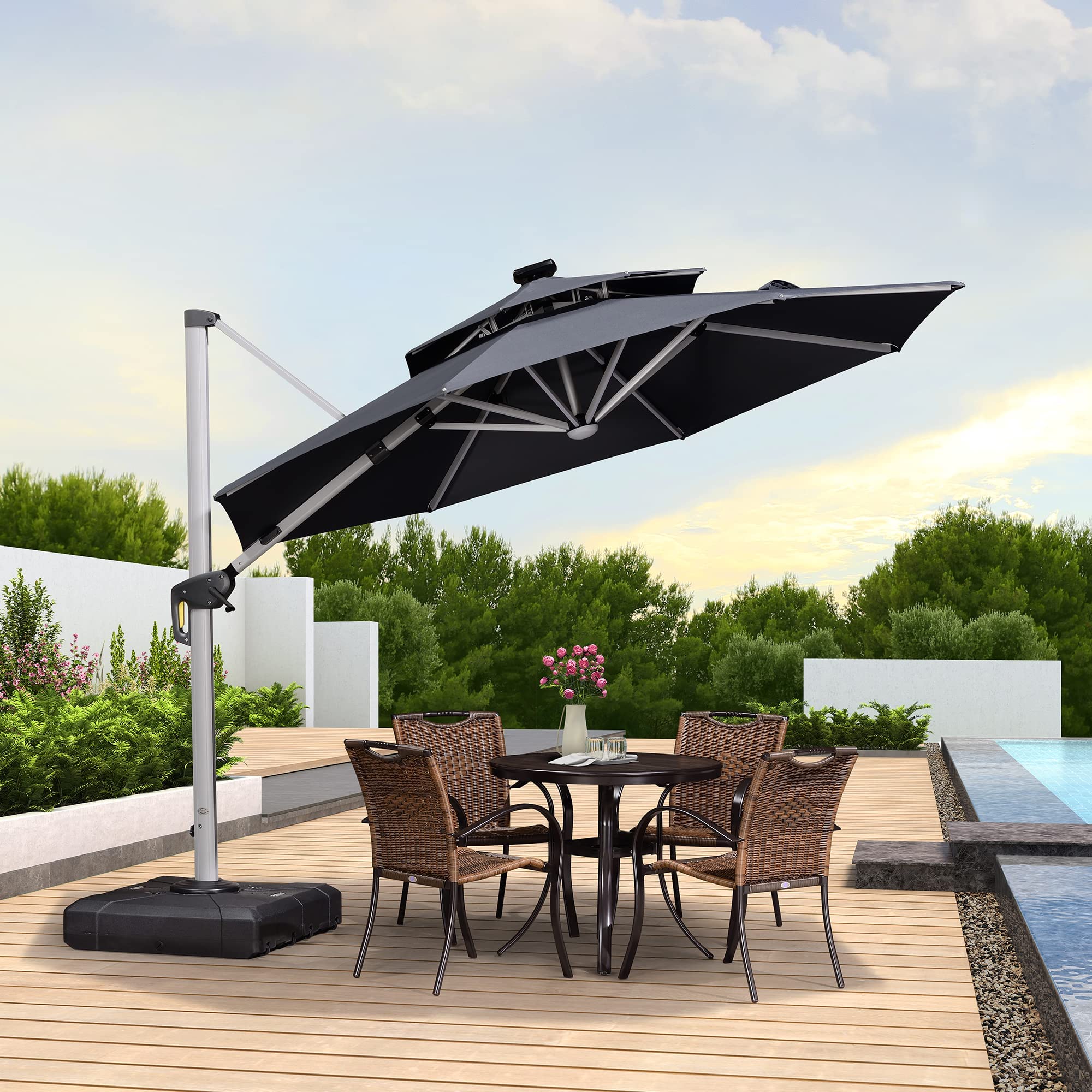 PURPLE LEAF Sombrilla de Jardín Ø 3 m con LED, Poste de Aluminio con manivela giratoria 360°, basculante UV 50+, para exterior Piscina Jardín Terraza, gris