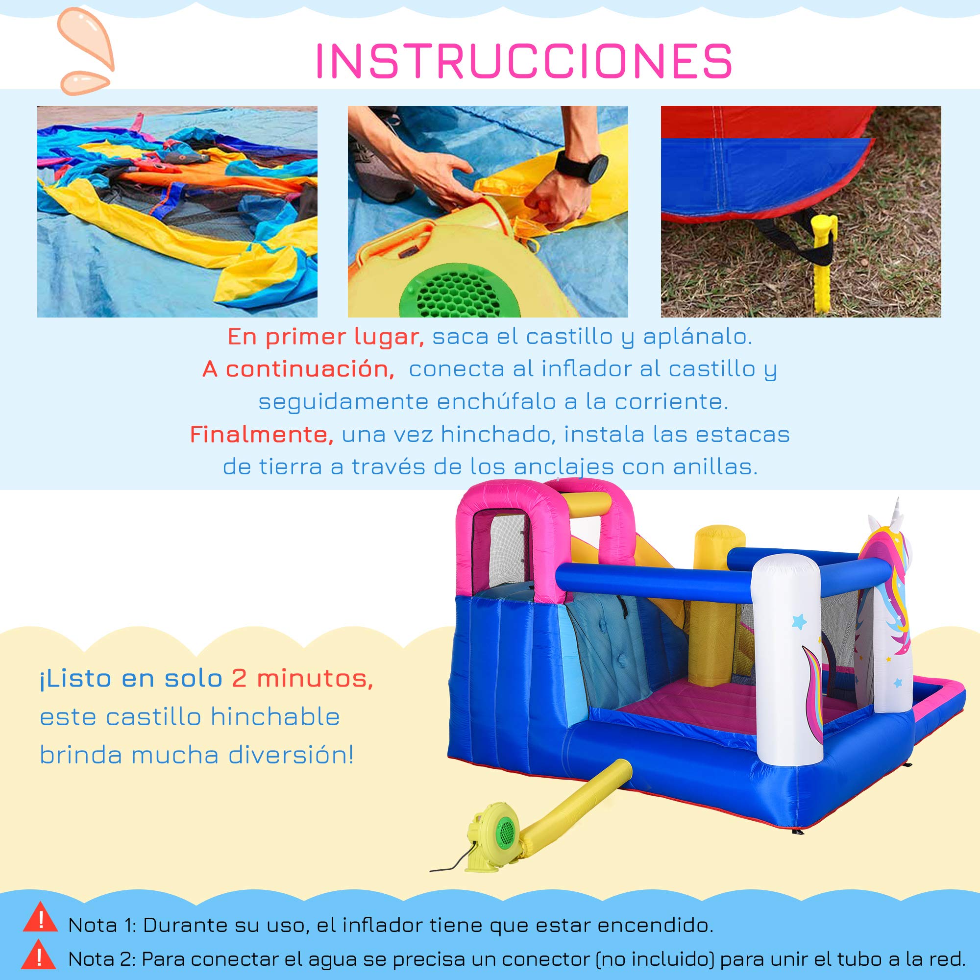 Outsunny Castillo Hinchable para Niños Castillo Inflable Infantil en Forma de Unicornio Parque Acuático con Tobogán Piscina Cama de Salto Inflador y Bolsa de Transporte 360x305x210 cm para 3-8 Años