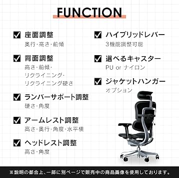 Ergohuman2 EHP2-HAM-DR-BF-BKPU 445406 Office Chair with Headrest, Elevation Type, Memory Locking Function, Elastomeric Mesh, PU Caster, Pro High Type, Frame: Black, Mesh: Black, Seki Furniture