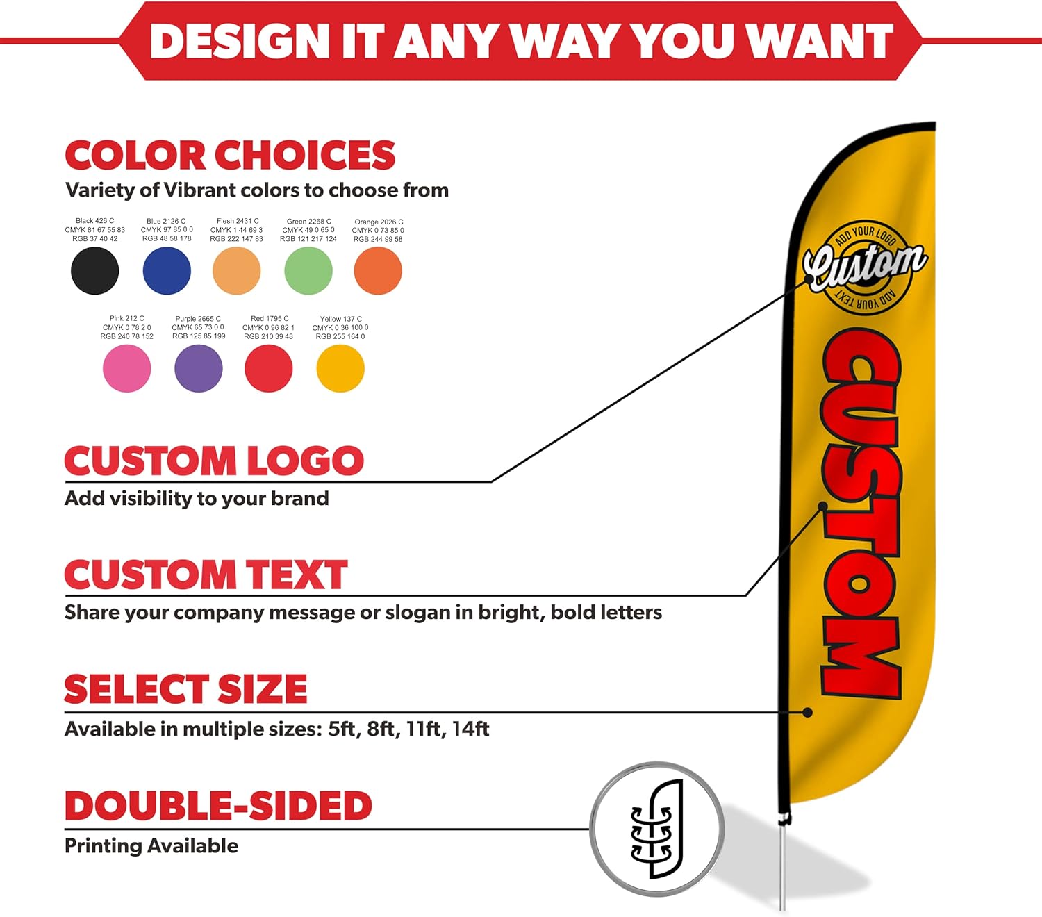 LookOurWay Custom Feather Flag Banner for Business Advertising - Complete Set with Pole Kit and Ground Spike - Create Your Own Flag Design, Add Logo (8ft Tall) - Image 6