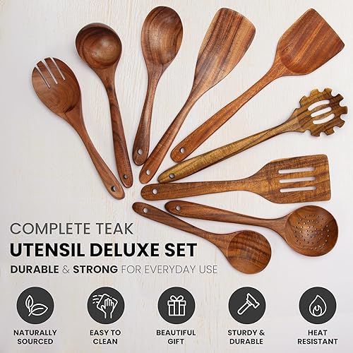Miniatura 3 de Zulay Kitchen Utensilios de madera de teca de 9 piezas para cocinar, juego de utensilios de teca natural de acabado liso, cucharas de madera