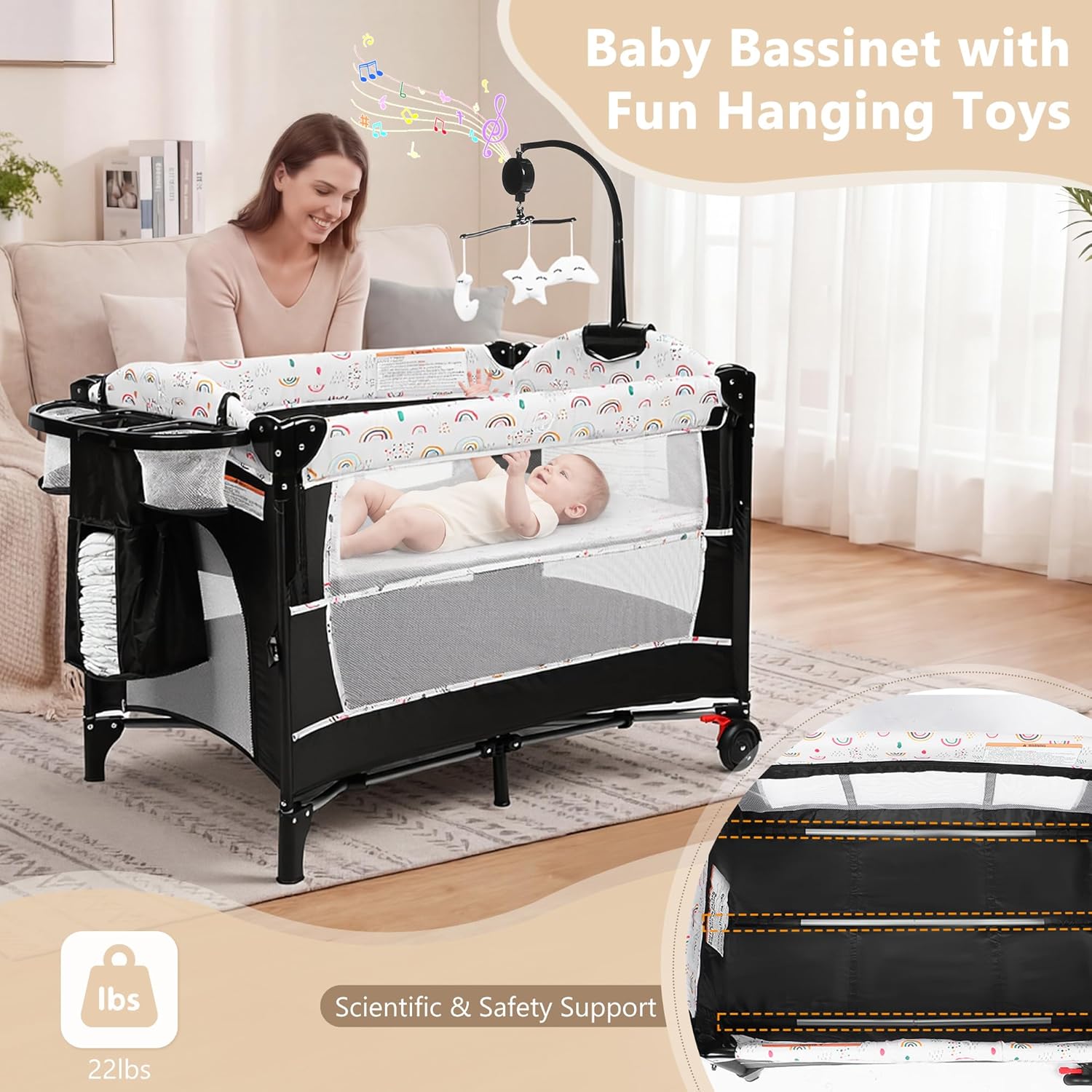 Kinder King 4 in 1 Portable Baby Playard, Foldable Baby Bedside Crib w/Bassinet, Infant Pack and Play Playard Toddler Large Playpen, Newborn Changing Table, Storage Basket,Multicolour