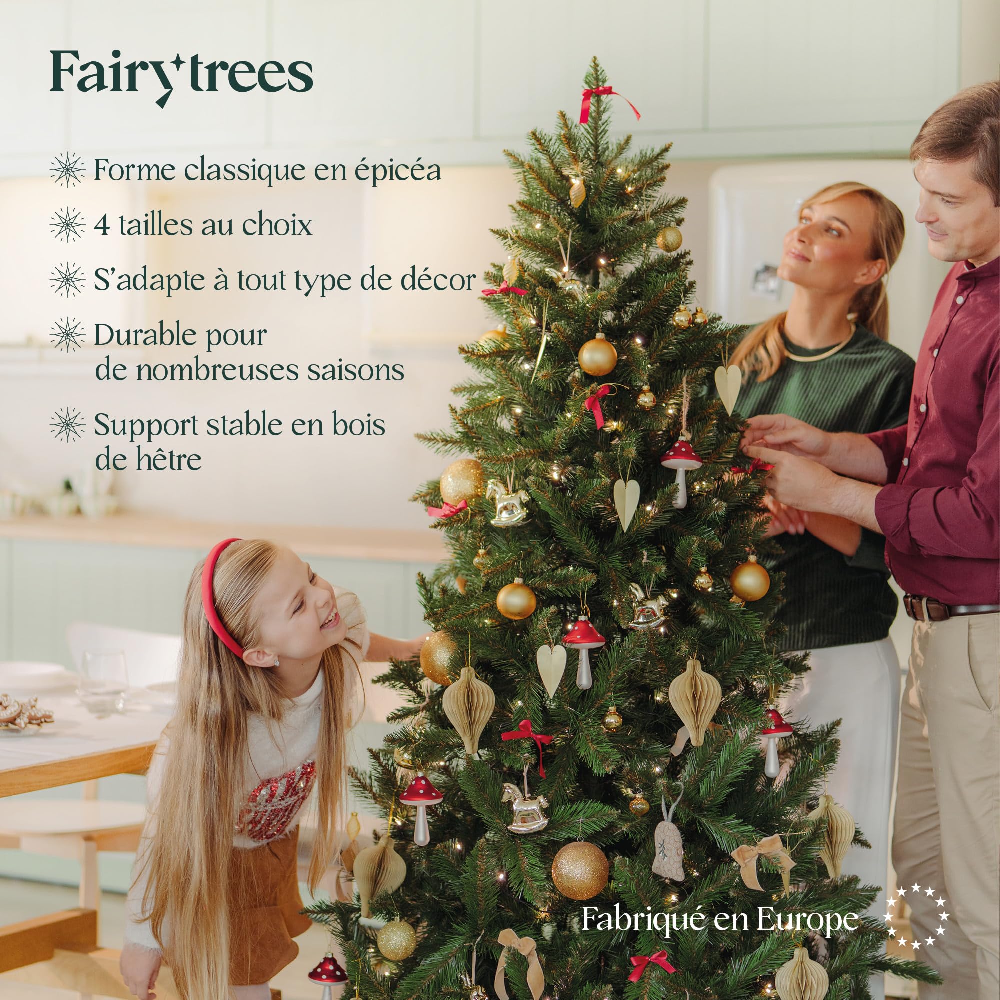 FairyTrees Sapin de Noël Artificiel 150cm ÉPICÉA Naturel | Arbre de Noël avec Support en Bois | Tronc Vert | Made in EU