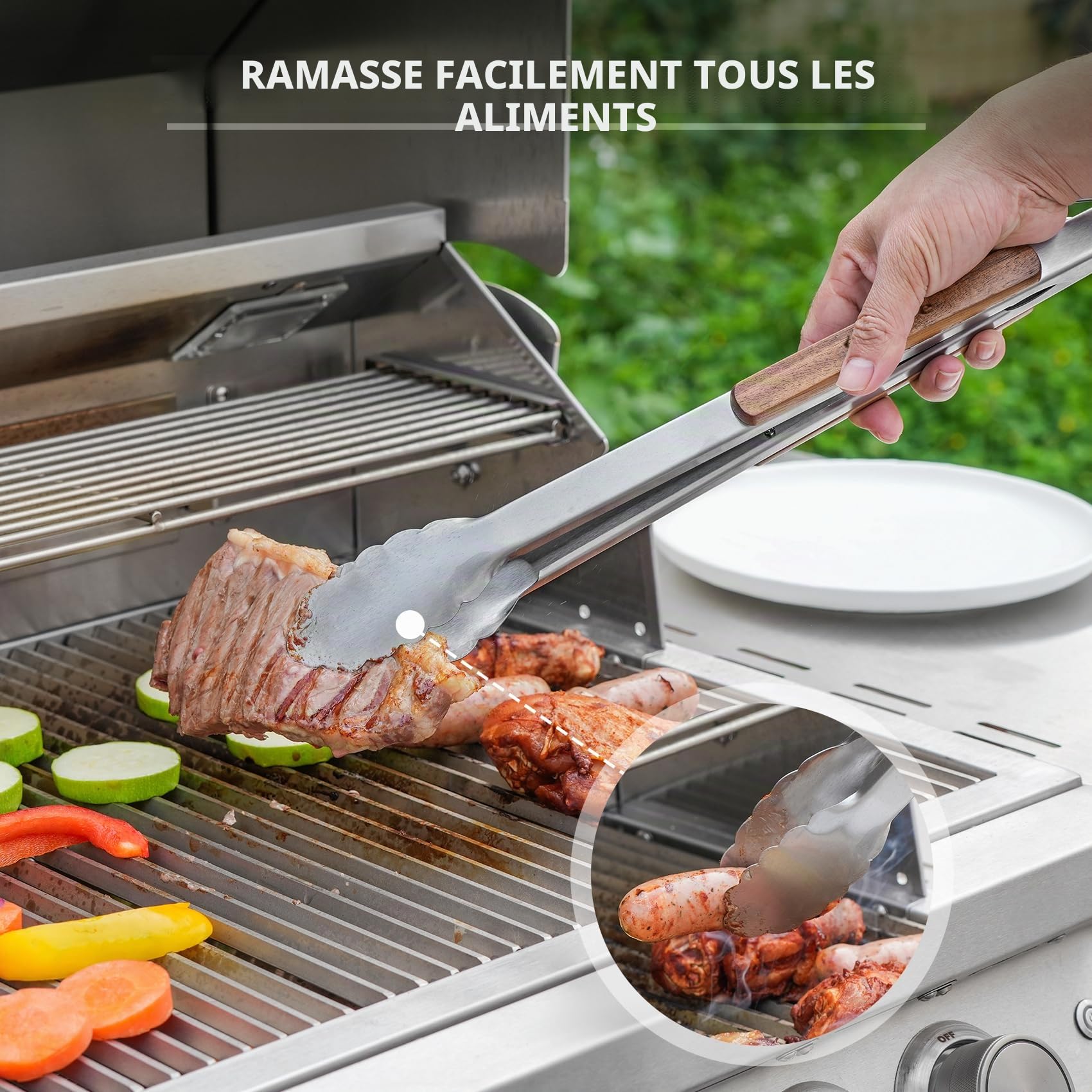 onlyfire Set D'ustensiles de Barbecue 5 Pièces, Inclure Pince à Barbecue, Spatule, Fourchette à Barbecue et 2 Lève-Grille, avec Poignées en Bois et œillets de Suspension, Accessoires de Barbecue