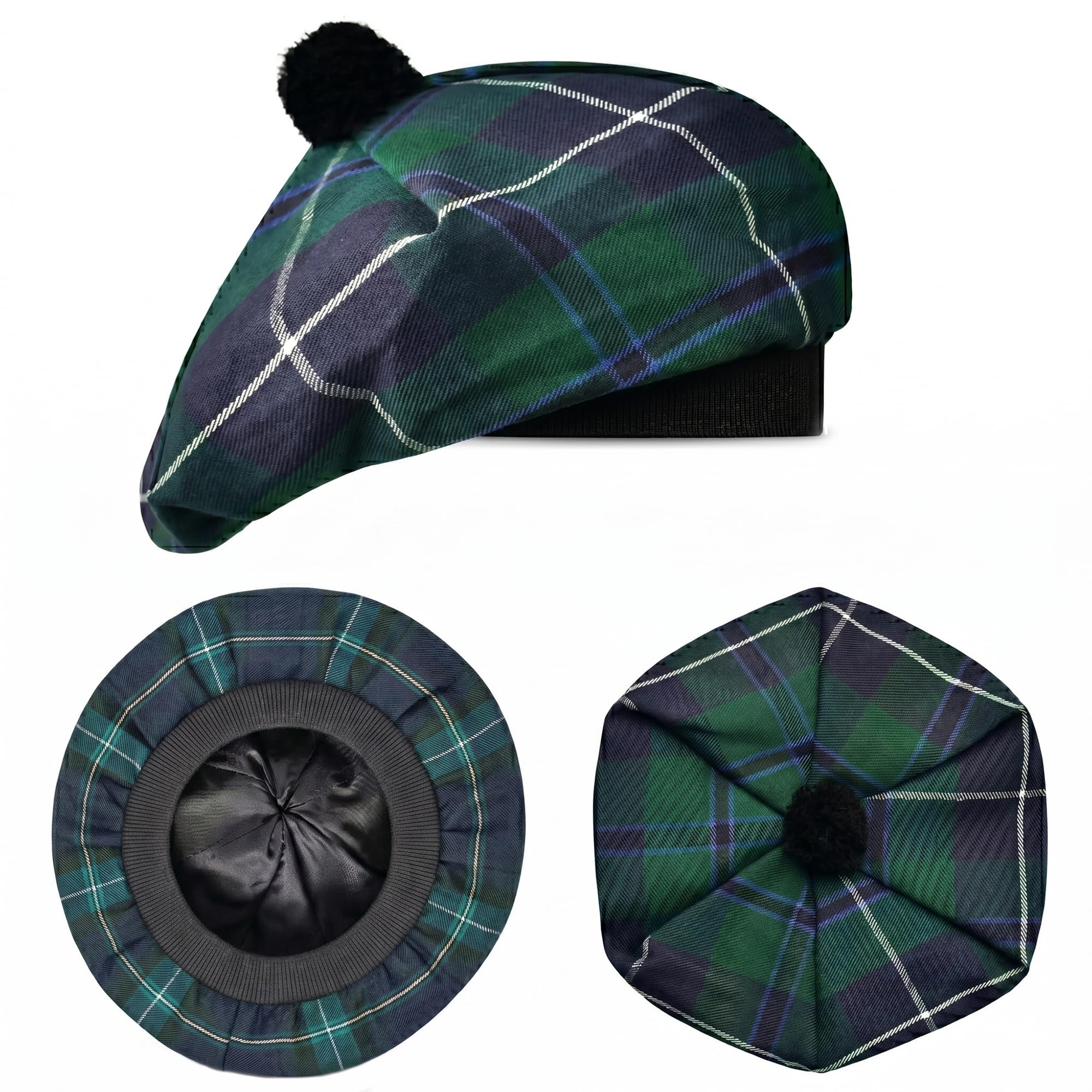 Scottish Hat Tam o Shanter Scottish Bonnet Tartan Hat P.V Tartan (Polyviscose) Wool Blend with Pompom | One Size fits All.