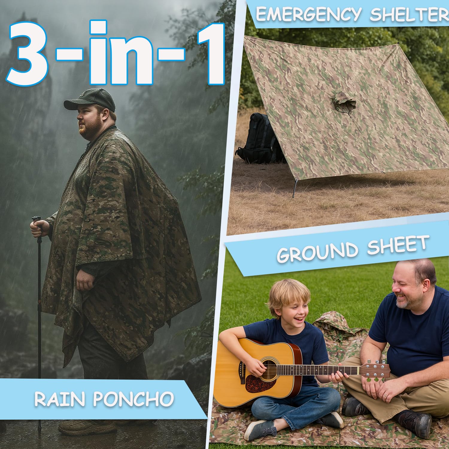 Poncho de pluie pour adulte grande taille avec capuche, poncho camouflage imperméable, poncho militaire pour camping, randonnée, pêche, voyage et plein air, facile à ranger.