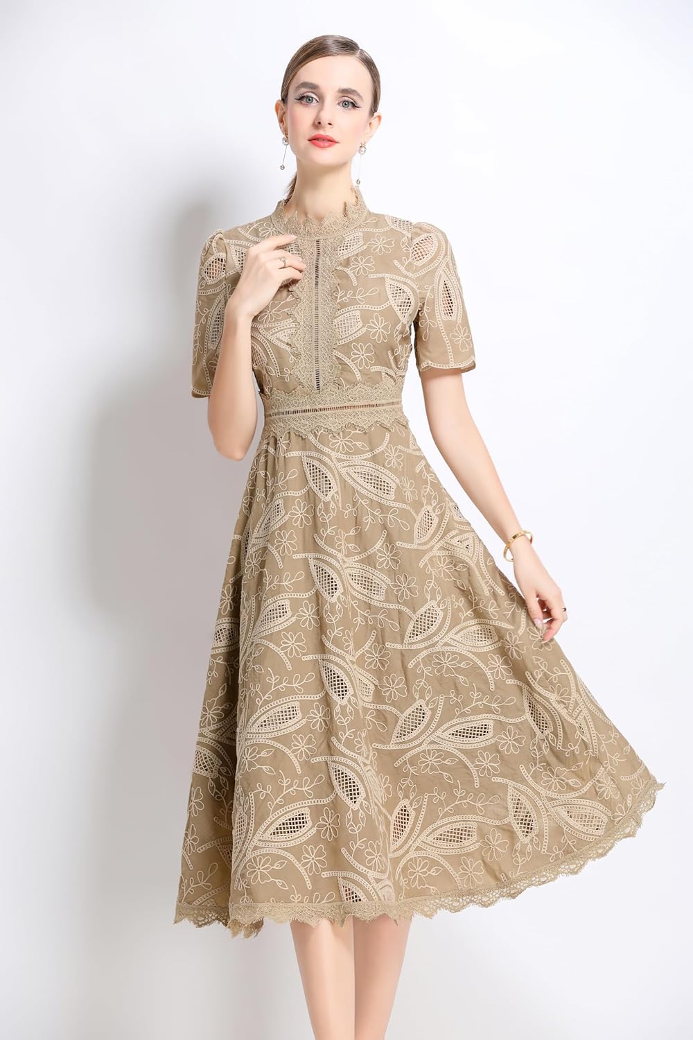 LAI MENG FIVE CATS Women's Lace Hollow Short Sleeve Crochet Waist Embroidy Cocktail Midi Dress - Image 2