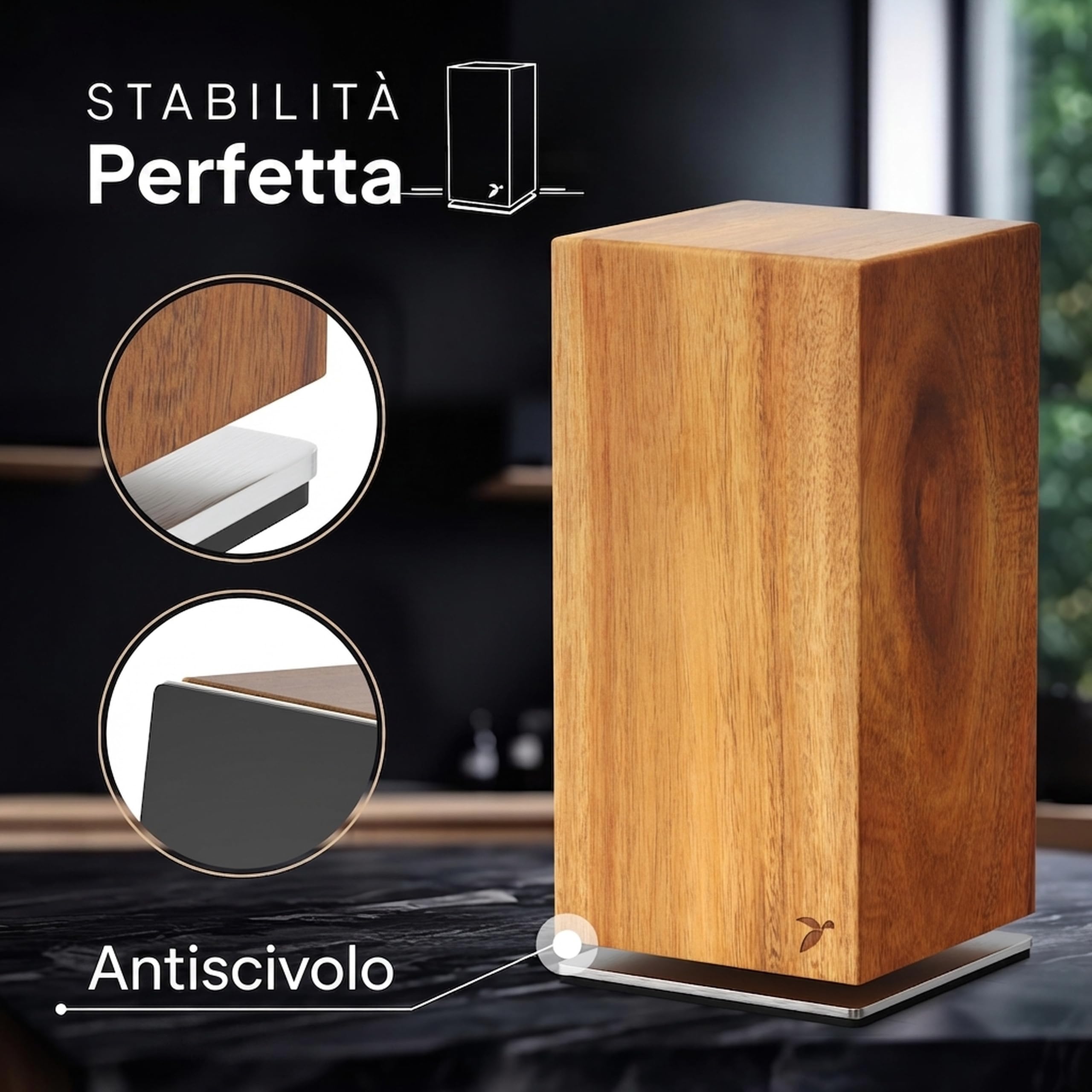 Blocco portacoltelli girevole a 360 gradi, magnetico, senza coltello, in legno di acacacia, universale, non equipaggiato, in legno di acacia, blocco magnetico rotante | Mahona