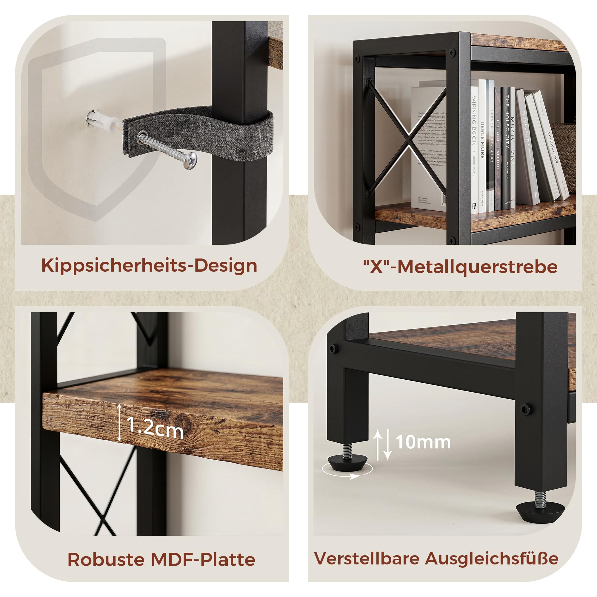 IRONCK Bücherregal, 6-stöckiges L-förmiges Eckbuchregal mit verstellbaren Füßen, Industrielles Eckregal für Wohnzimmer, Schlafzimmer, Home Office, Rustik Braun, 80×80×167cm