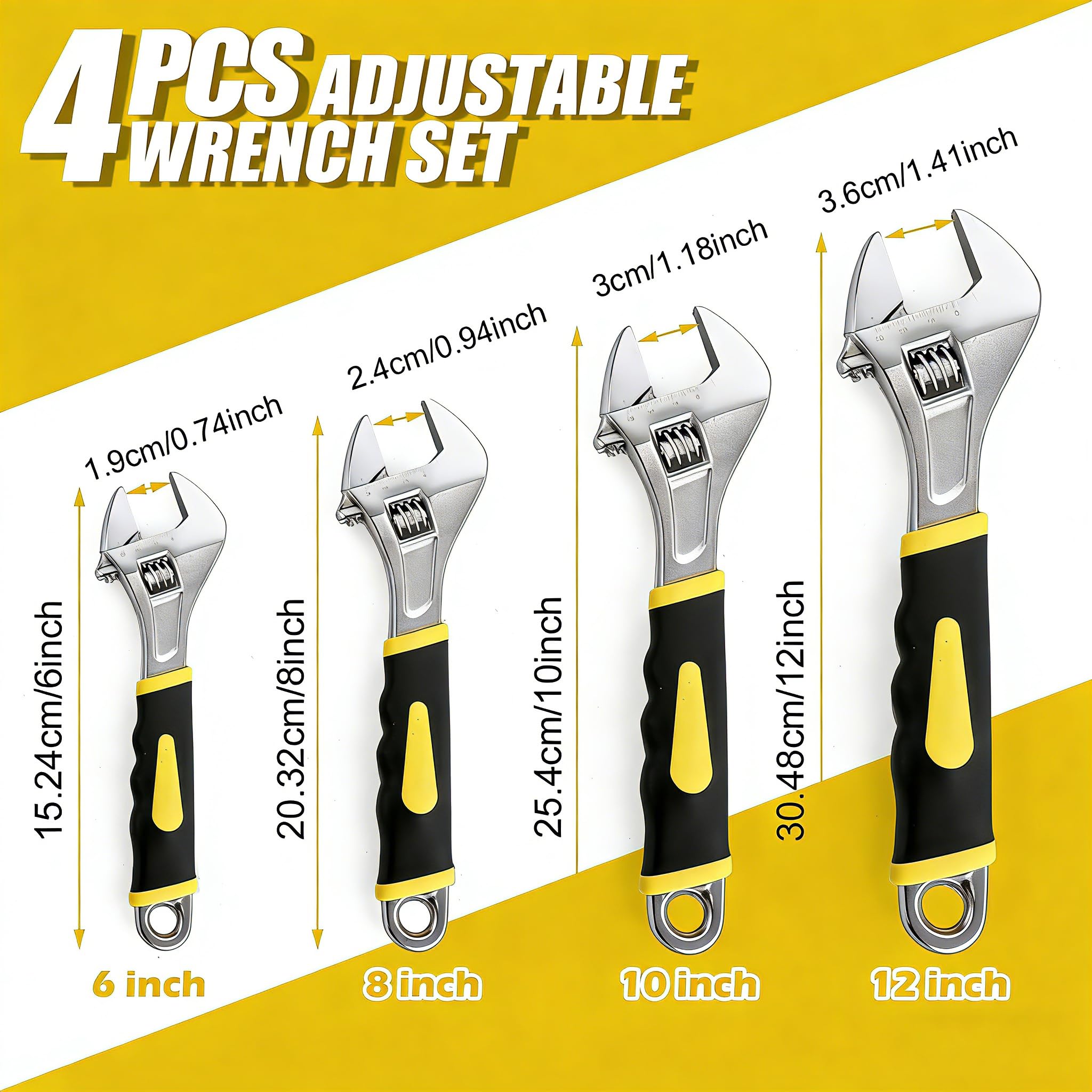 Set di 4 chiavi regolabili in 4 misure, con impugnatura morbida, multifunzionali in acciaio al carbonio, set di chiavi per la costruzione di tubazioni e macchinari domestici (15,2 cm + 20,3 cm