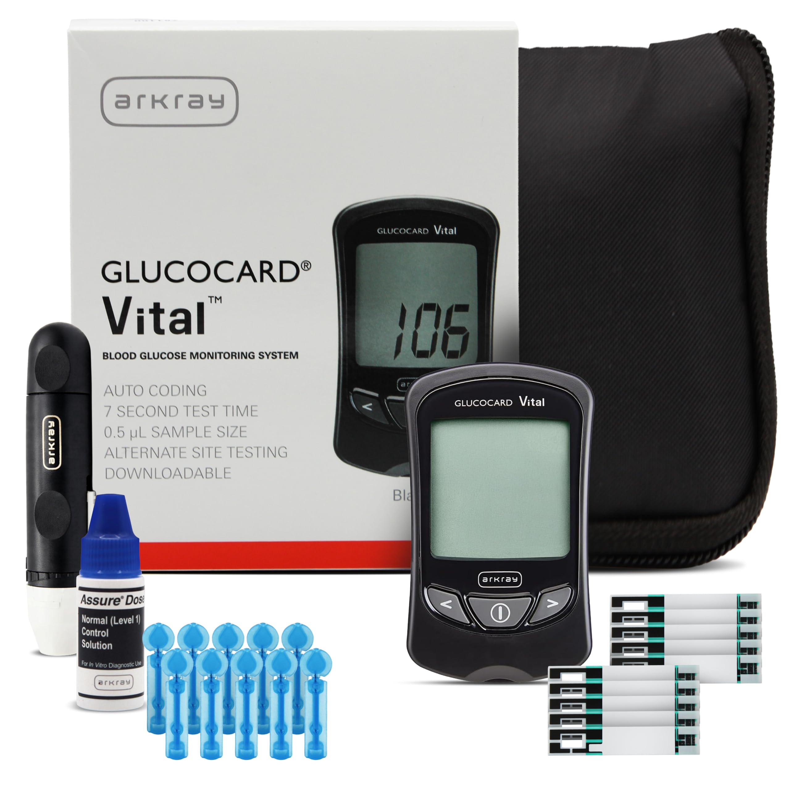 ARKRAY GLUCOCARD Vital Blood Glucose Monitor Kit – Fast, Accurate & Easy-to-Use Blood Glucose Monitoring System with Meter, 10 Test Strips, 10 Lancets, Control Solution, Lancing Device & Carrying Case