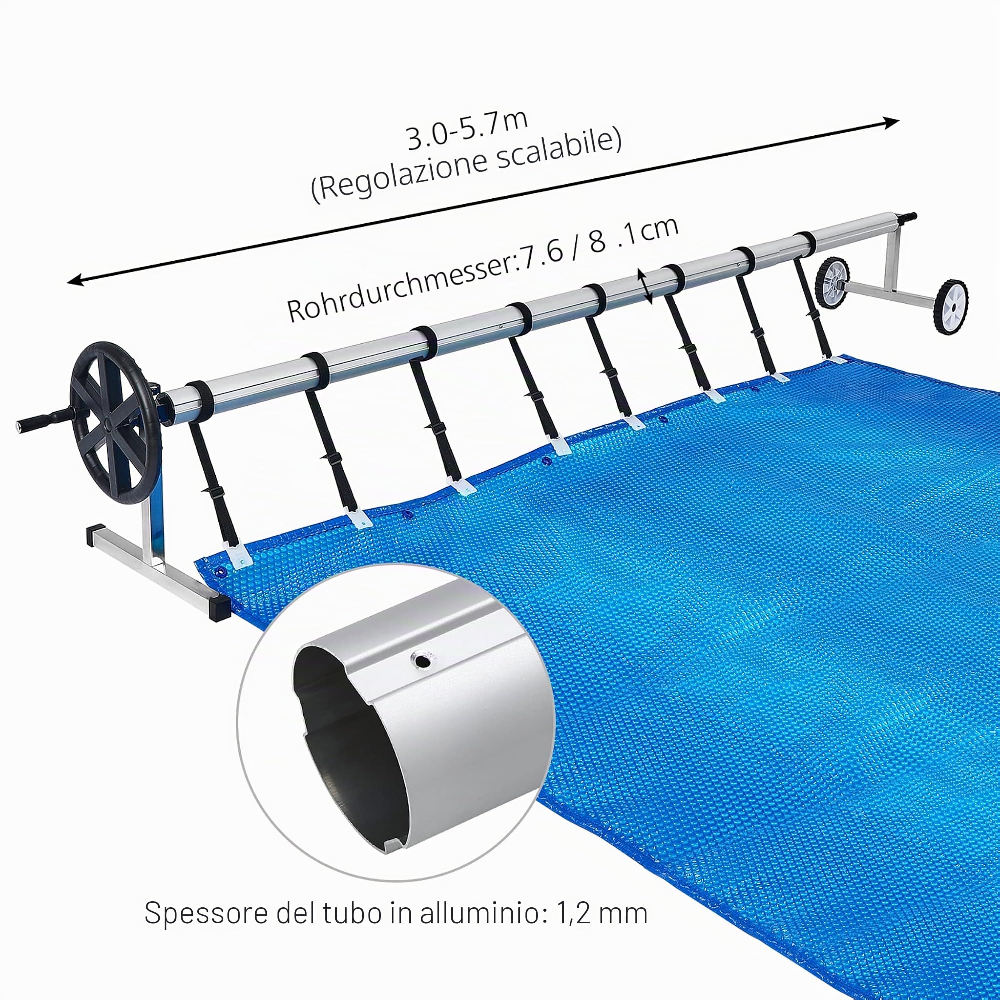 FIVMEN Avvolgitore per piscina, 3 – 5,7 m, dispositivo mobile per telone, sistema di avvolgimento di alta qualità, con nastri regolabili, tipo A