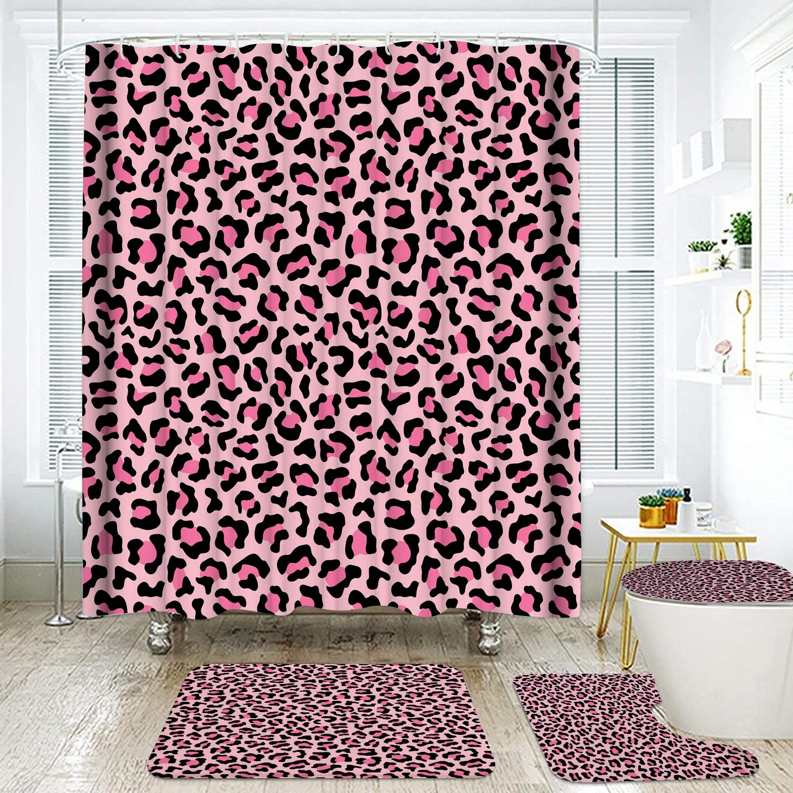 Rideau de douche léopard rose 180x180 cm avec tapis et 12 crochets