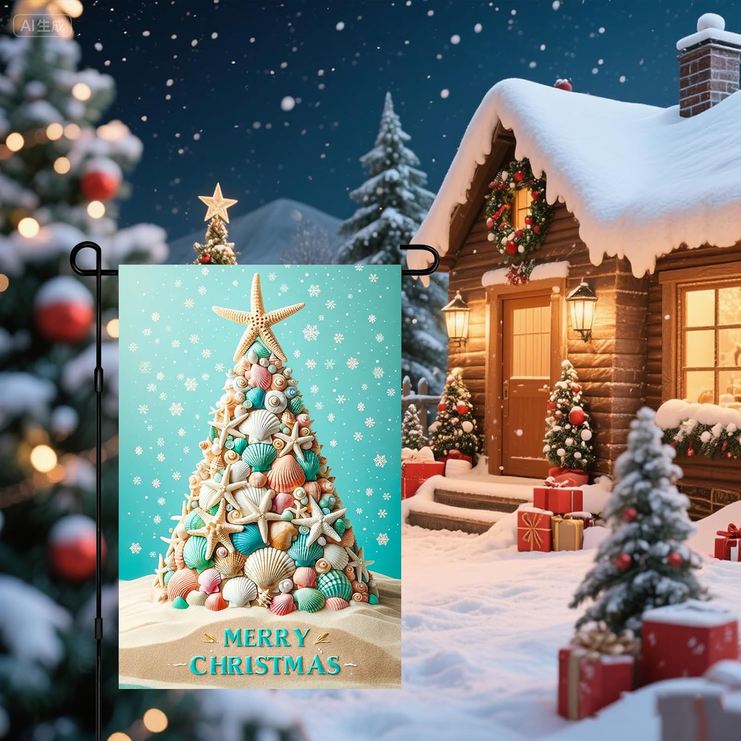Coastal Christmas Seashell Tree Garden Flag 12x18 Inch, Tropical Beach Starfish Holiday Yard Flag, Double Sided Winter Outdoor Decoration for Porch, Lawn, or Patio - Image 7