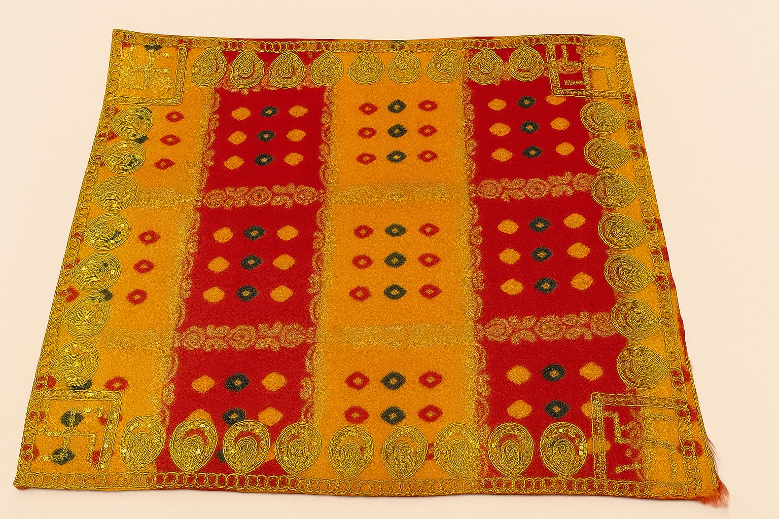 Decorative Pooja Aasan,Red and Yellow Cotton Mix Traditional Design with Gold Border, Temple Prayer Mat, Temple Shelf and Other Puja Rituals in Rectangle Shape(30 * 24 CM) (1, Rectangular)-image-12