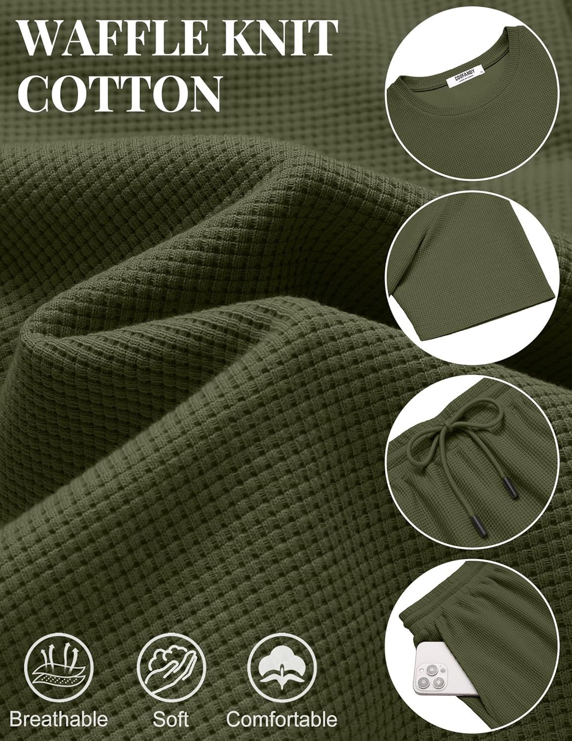 COOFANDY Men's Cotton Waffle 2 Piece Outfits Casual Short Sleeve Shirts and Shorts Set Summer Jogging Tracksuit Lounge Sets - Image 6