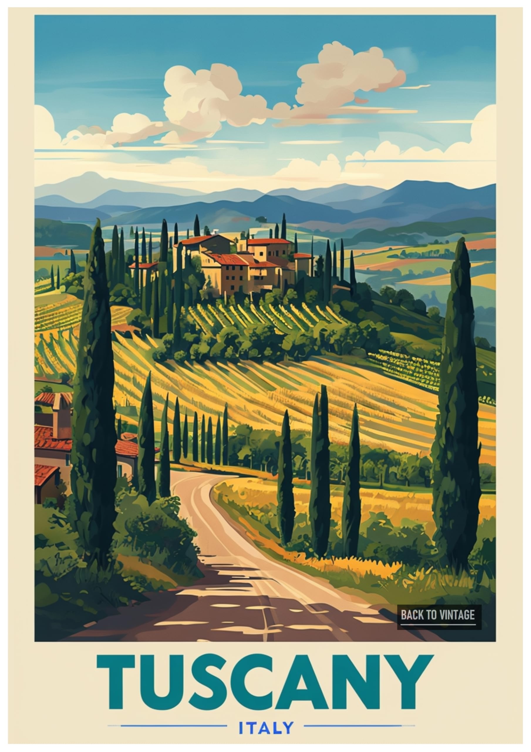 Back To Vintage Multicoloured Vintage Travel Poster Illustrating The Scenic Beauty Of Tuscany - Retro Europe Travel Poster A4 Size Vintage Wall Art Print Of Famous European Destinations Ideal For Home Or Office Decor