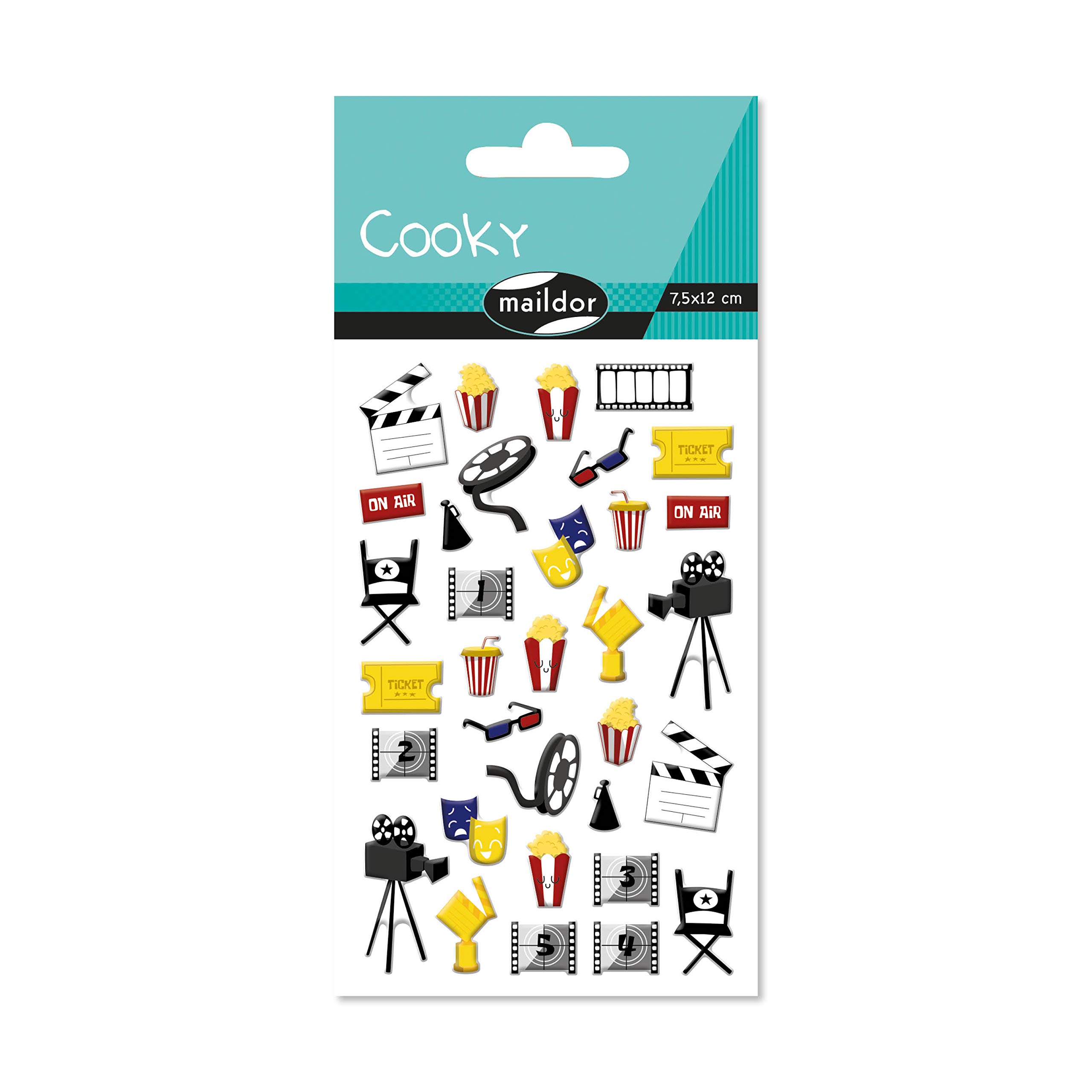MaildorRef CY142C - Cooky Stickers (Single Sheet) - 7.5 x 12cm - Cinema Designs - Approximately 25 Stickers, 3D Stickers, Suitable for Children Aged 3+