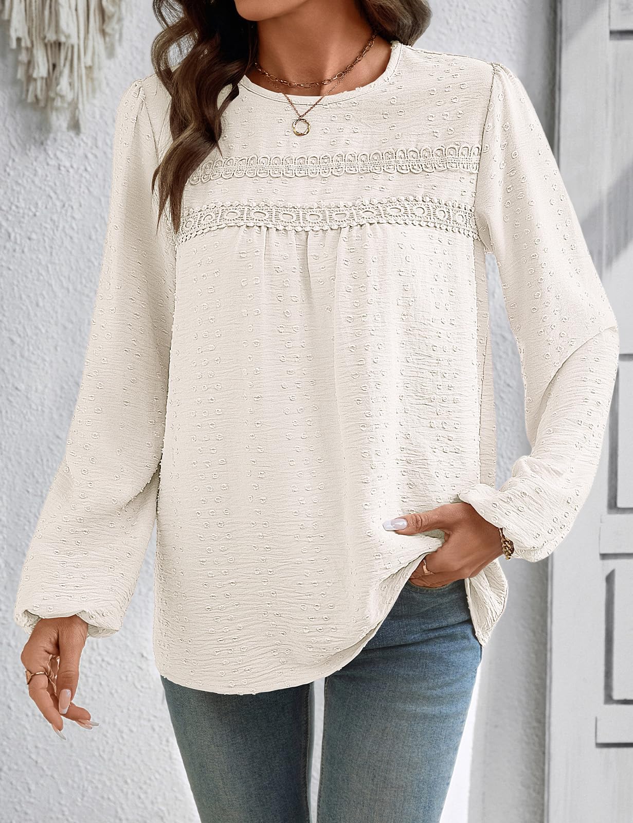heekpek Chemisier Femme Boho Col Rond Top Manches Longues Blouse Chic et Élégant Haut Dentelle Chemise Ample Fluide Tunique
