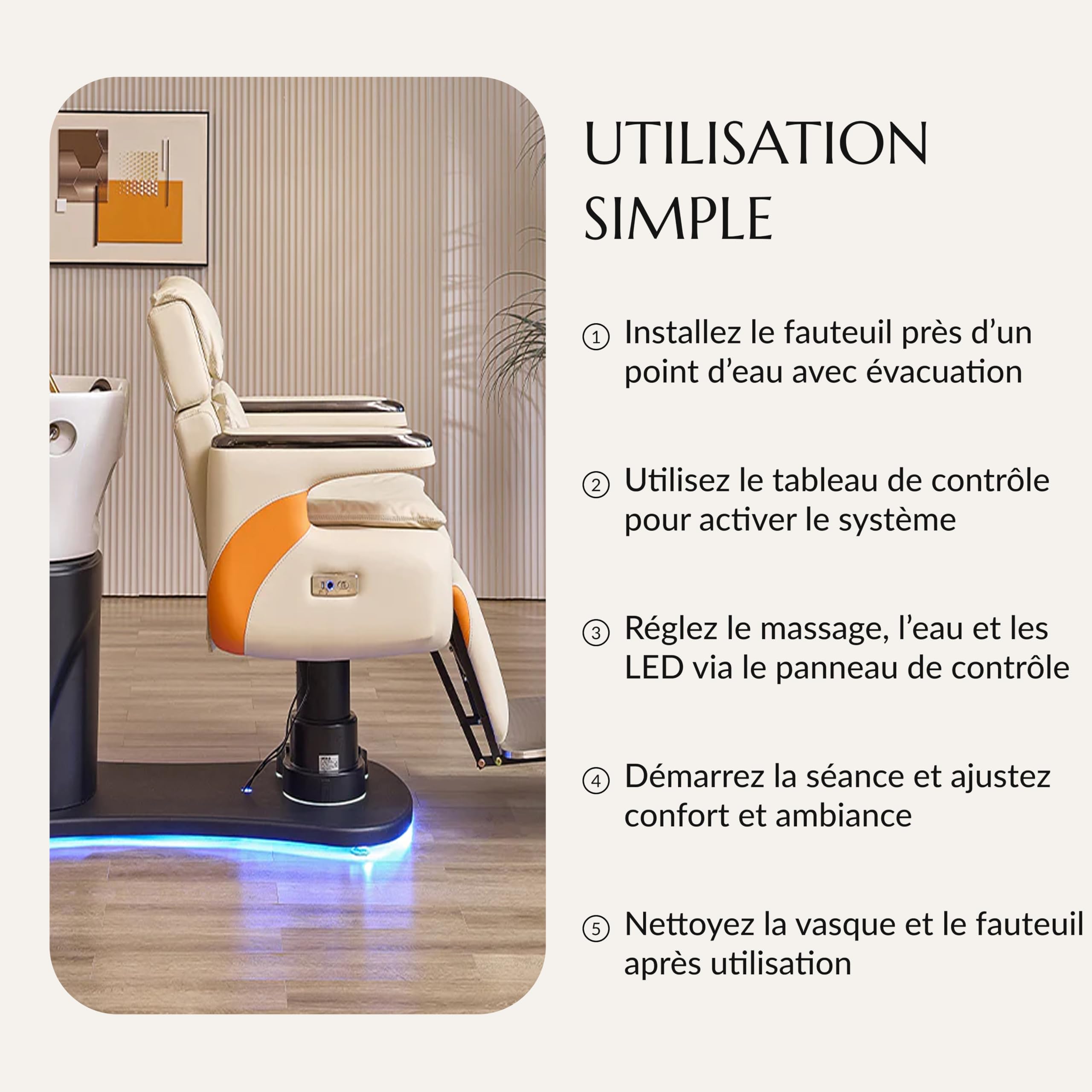 Fauteuil 4 en 1 - Lavage Cheveux, Coloration, Head Spa, Coiffure - Matelas Confort 14cm - Vasque Céramique - Arrivée Eau - Installation Facile - Matériel professionnel – Garantie 1 an