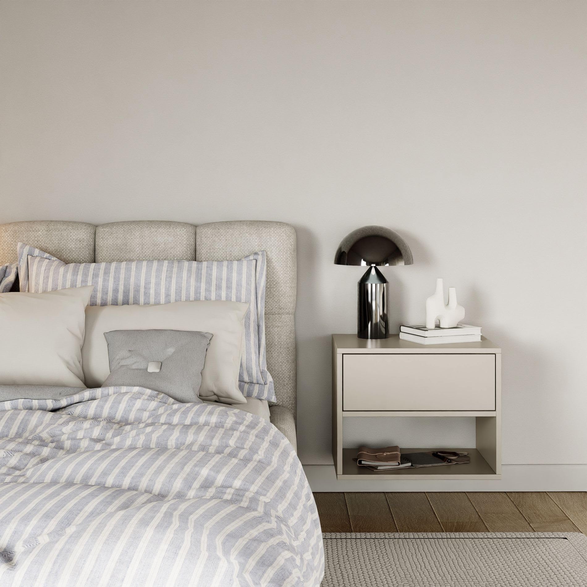 Selsey Comodino Sospeso Framme 50 cm Minimalista per Camera da Letto in Kaschmir Mensola con Cassetto Spazioso Sistema Push to Open Venature Naturali Uniche
