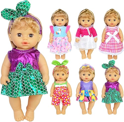 Miniatura 24 de 6 juegos de ropa de muñeca de bebé para muñeca de 10 a 12 pulgadas, ropa de muñeca, vestimenta de vestido, diademas accesorios para muñecas de 10