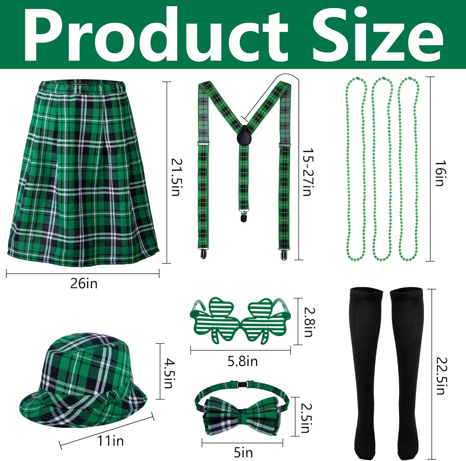 7 Pcs St. Patrick's Day Plaid Kilt Costume Set, Irish Green Plaid Kilt Suspenders Kit Includes Bucket Hat Bow Tie Glasses Socks Beads for St. Patrick Day Party Decor Outfit Accessories