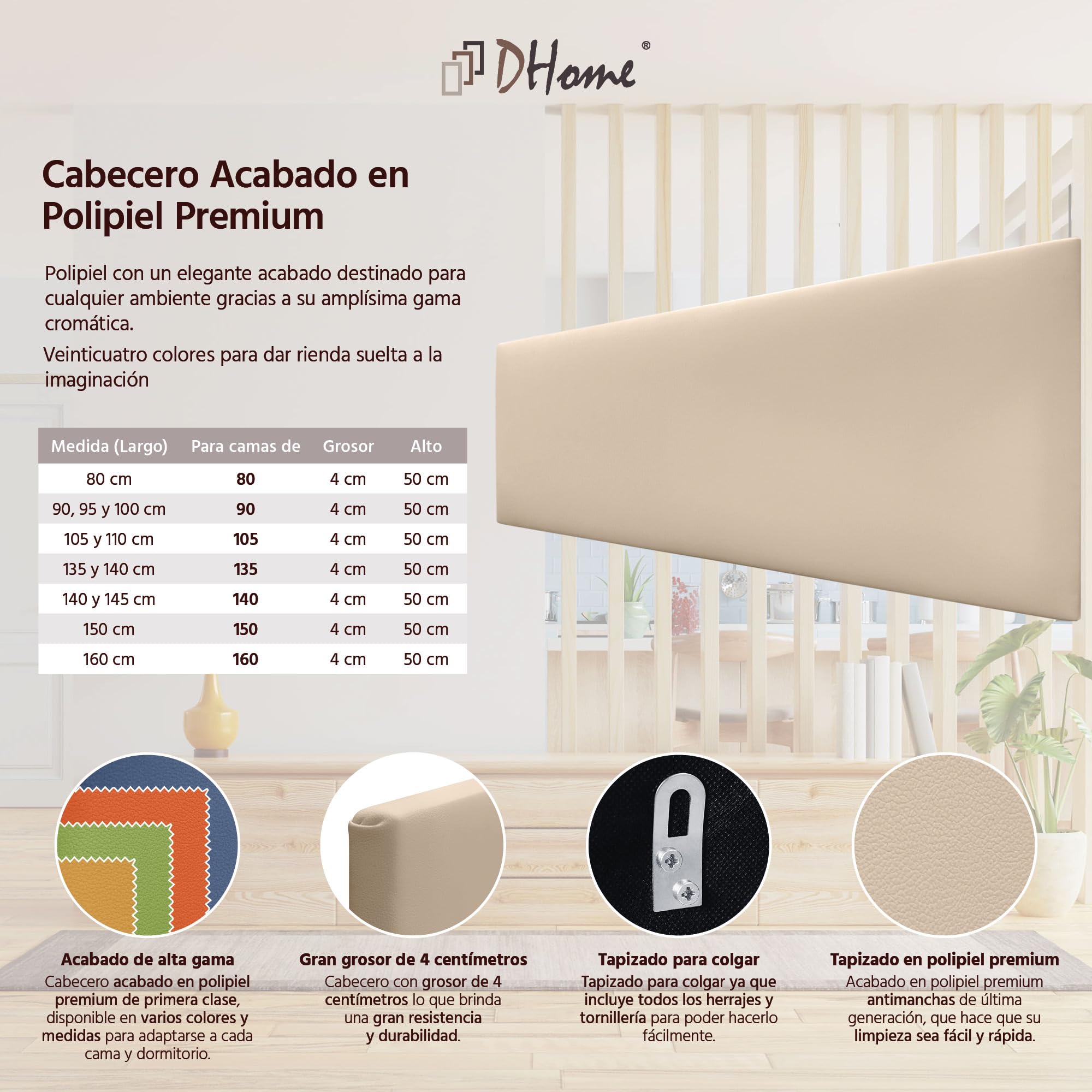 DHOME Testata in similpelle o tessuto AQUALINE Testata imbottita liscia Testata letto di lusso (Similpelle Beige, 160cm (Lits 150/160))
