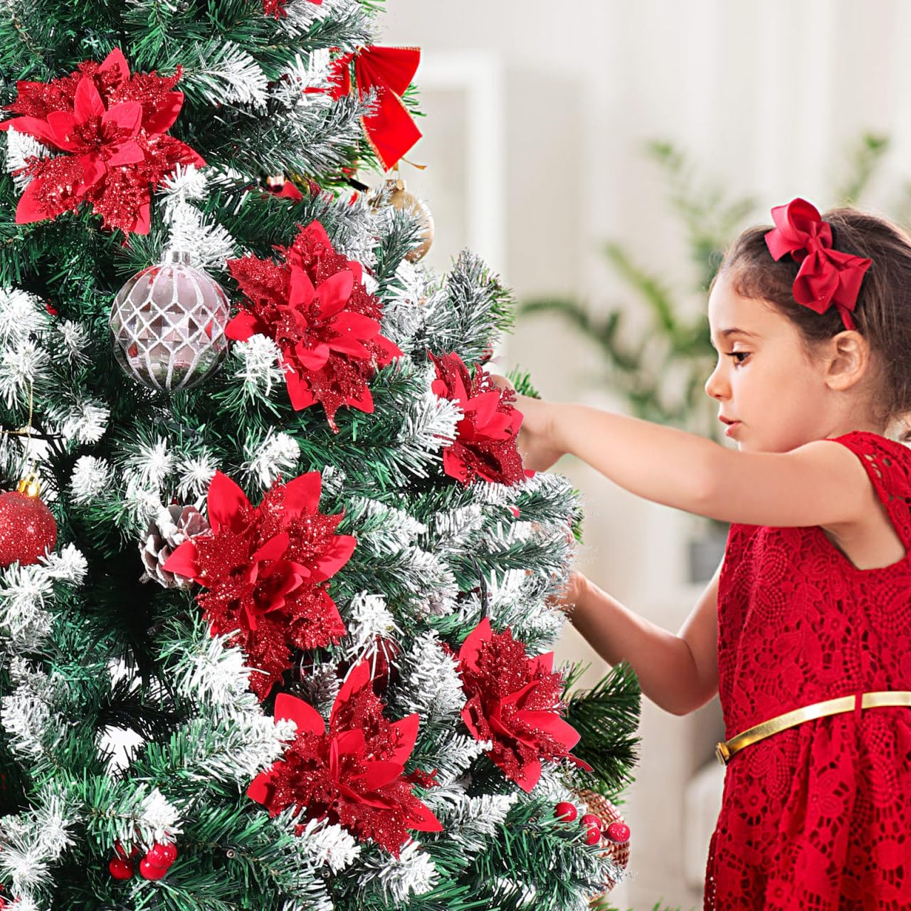 Operitacx Künstliche Weihnachtsblumen, Weihnachtssterne, Künstliche Weihnachtssterne, Weihnachtsdekorationen mit Clips, Kunstblumen-Picks für Weihnachtsbaumdekoration, Weihnachtskranz Und (Rot)