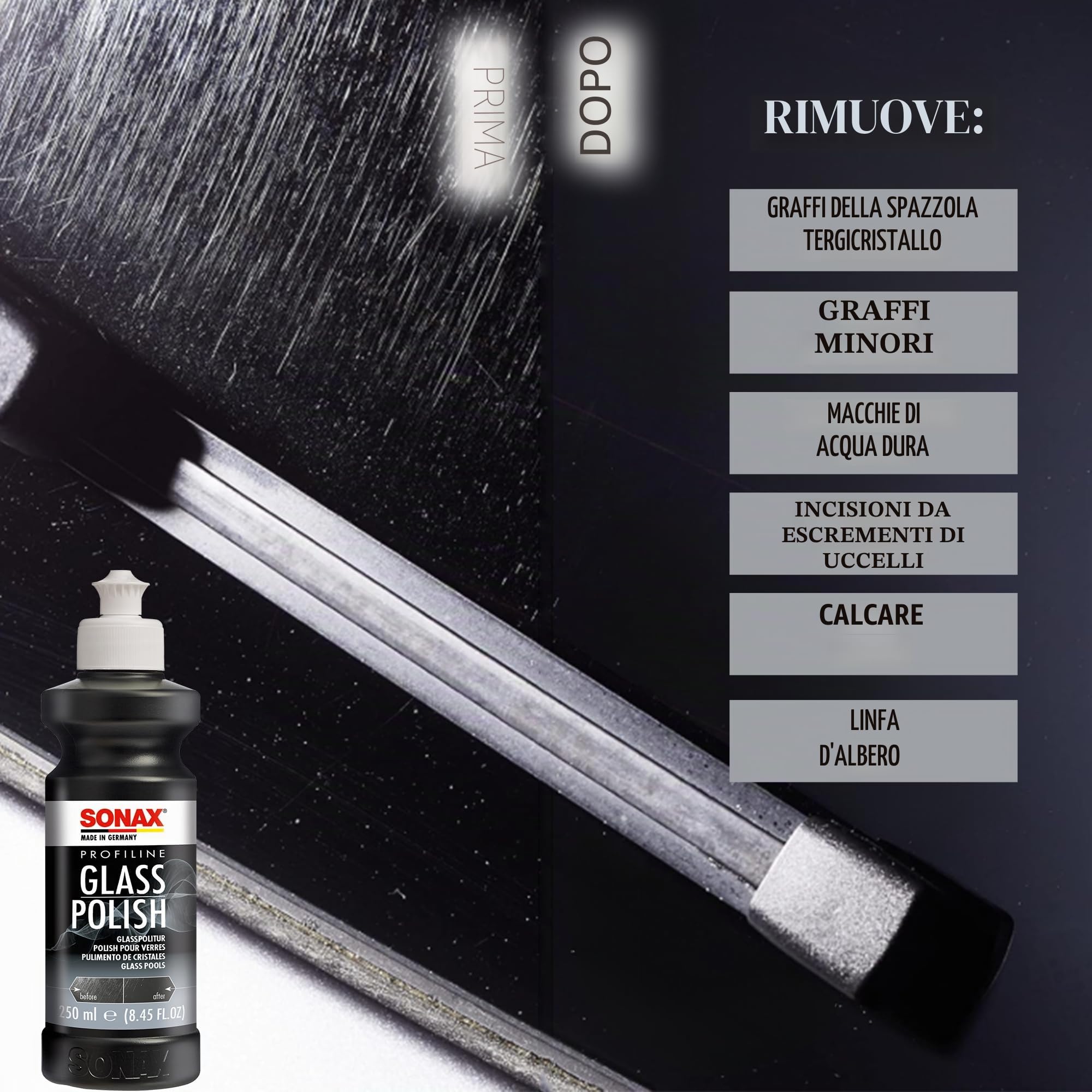 SONAX PROFILINE Lucidante vetro auto (250 ml) rimuove graffi leggeri e ossidazioni. Con ossido di cerio per superfici in vetro | Art. N. 02731410