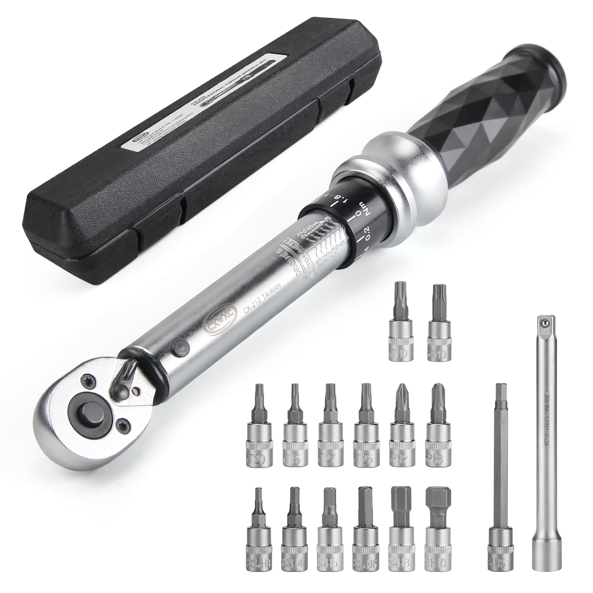 CXWXC Llave dinamométrica para bicicleta de 1/4 pulgadas, 1 hasta 25 Nm, par de torsión, herramienta de reparación, llave de par de torsión, incluye hexágono interior hexagonal Torx para bicicleta de