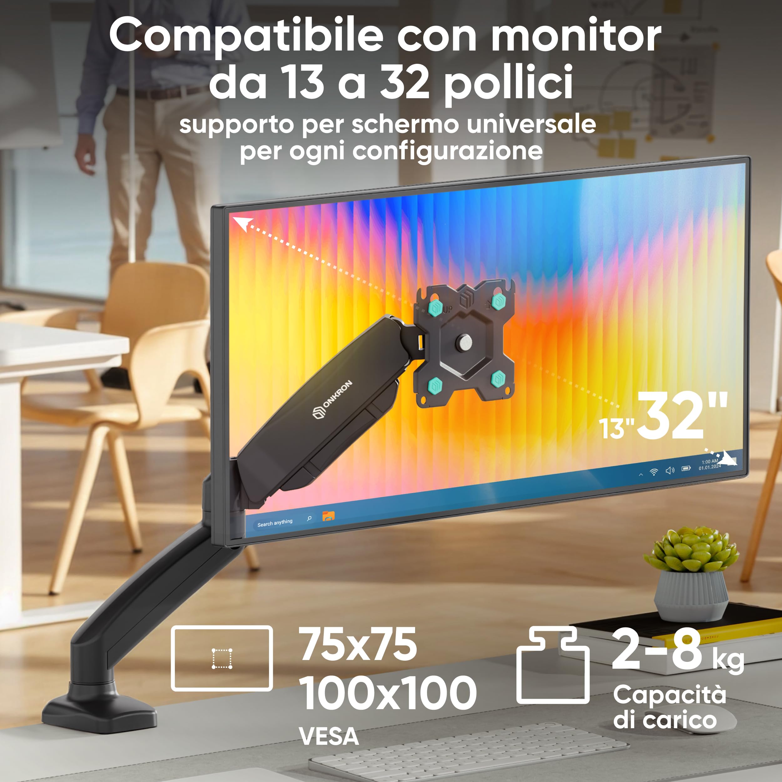 Braccio Monitor ONKRON G80-B - Supporto VESA 100x100 Per Schermi Fino A 32 Pollici
