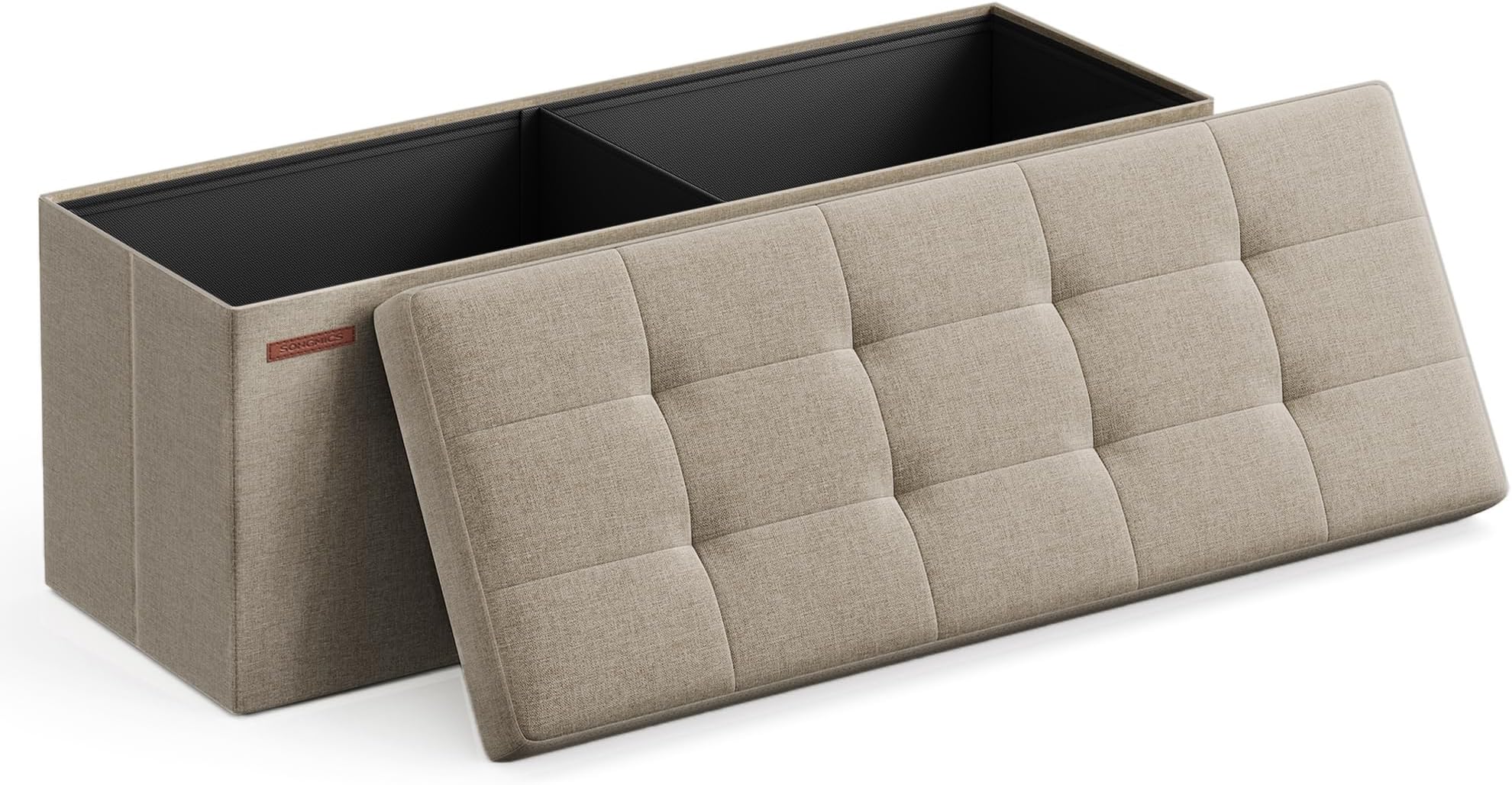 SONGMICS MAZIE Collection - Storage Ottoman Bench, 110 cm Folding Foot Rest Stool, End of Bed Bench, Easy Assembly, for Living Room, Bedroom, Entryway, Camel Brown LSF077K51