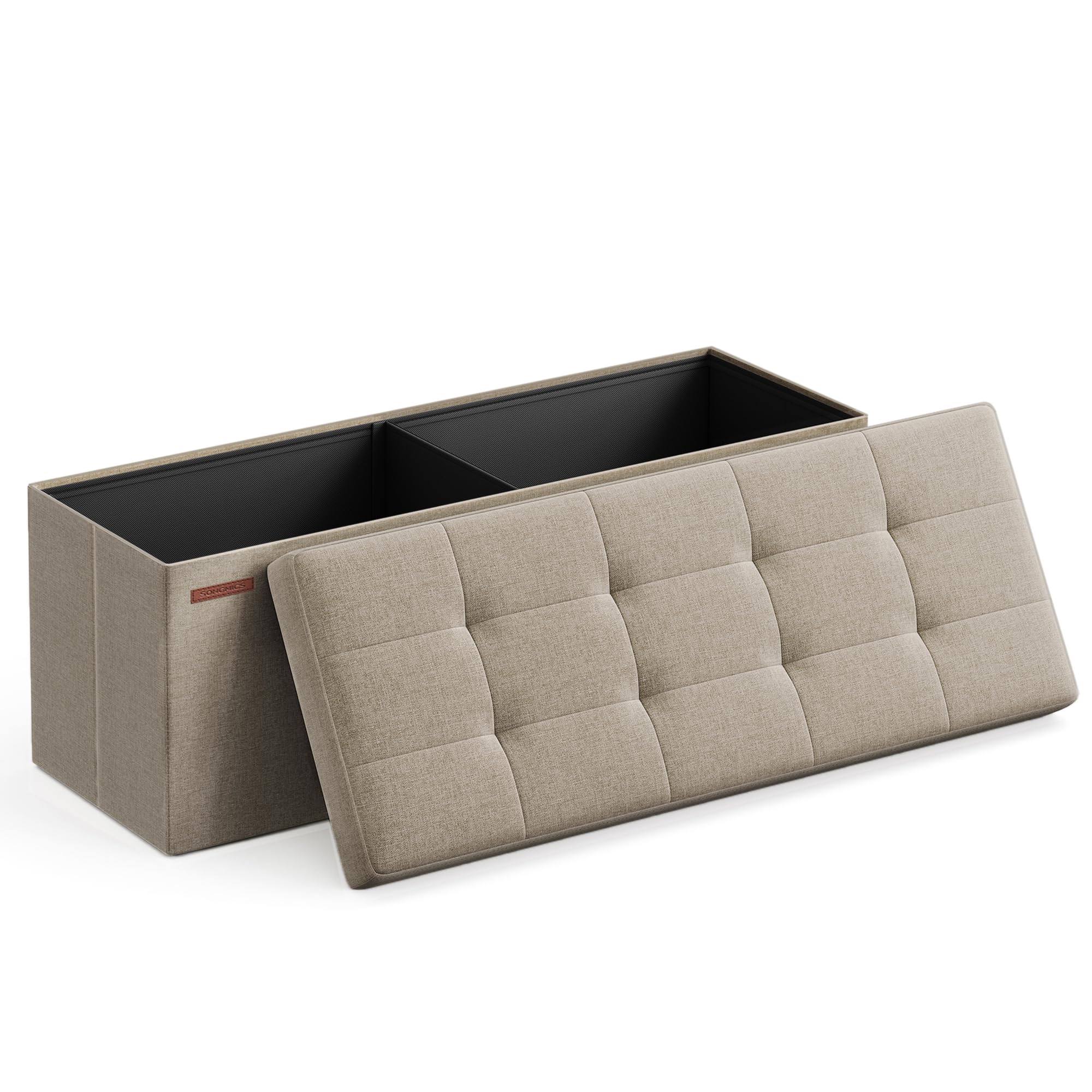 SONGMICS MAZIE Collection - Storage Ottoman Bench, 110 cm Folding Foot Rest Stool, End of Bed Bench, Easy Assembly, for Living Room, Bedroom, Entryway, Camel Brown LSF077K51