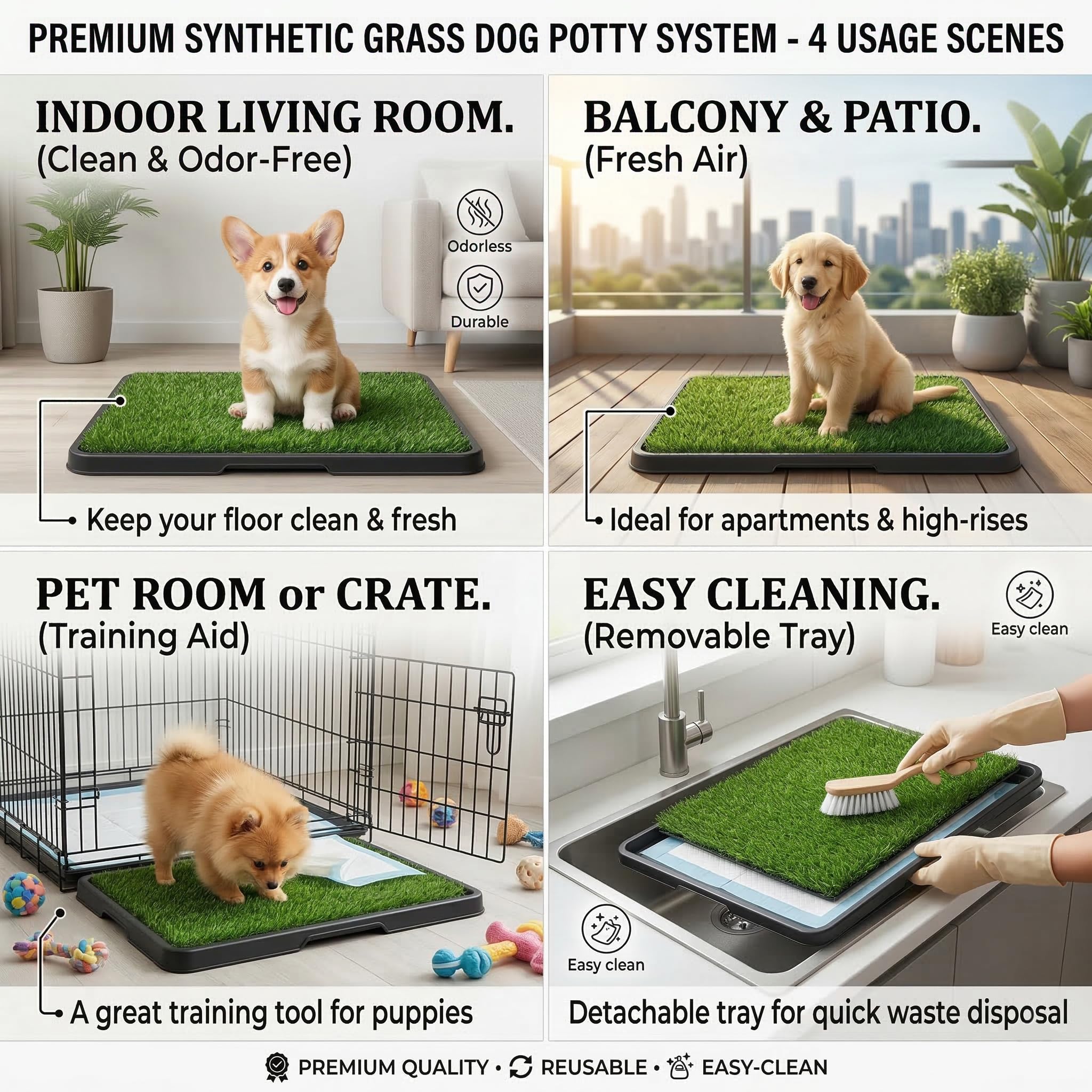 Hundegras-Pad Hundetoilette Töpfchen mit Tablett Kunstrasen-Töpfchen-Trainingspad Wiederverwendbares Hundeklo für drinnen 16 x 20 Zoll für Welpen, kleine Hunde, Balkon, Wohnung, waschbar