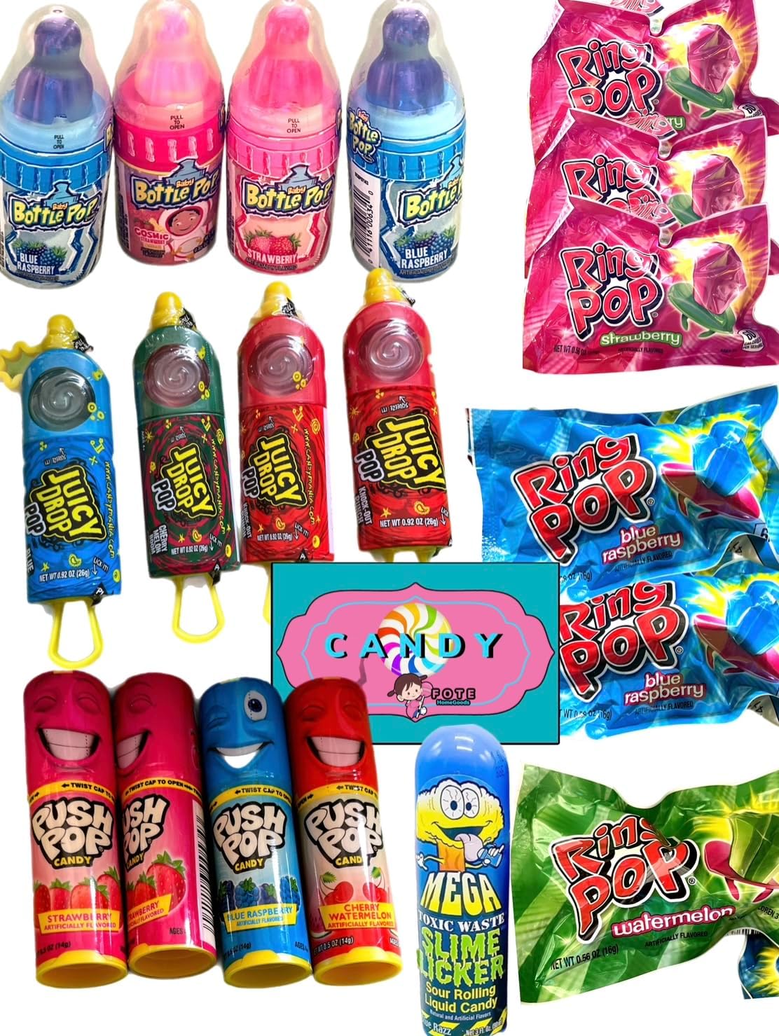 Ring Pop, Slime Licker, Push Pop, Baby Bottle Pop Juicy Drop Faves Candy Variety Pack 19 Count