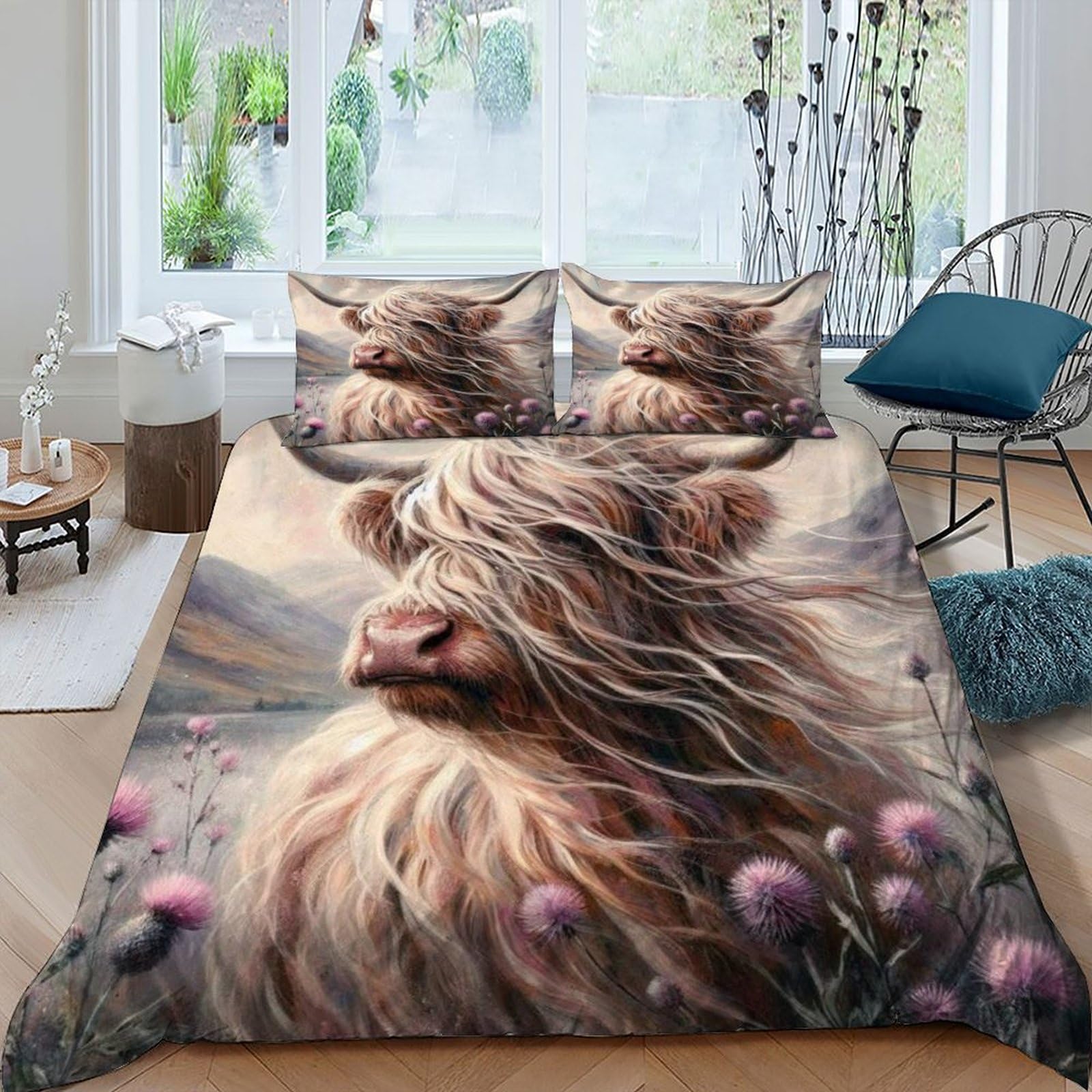 Doxlitvt Highland Cow_1 Highland Cow Bedding Set 3D Design Animal Theme Wildlife Duvet Cover Set Microfiber Quilt Cover Universal For All Seasons With Pillowcase King（220X240cm）