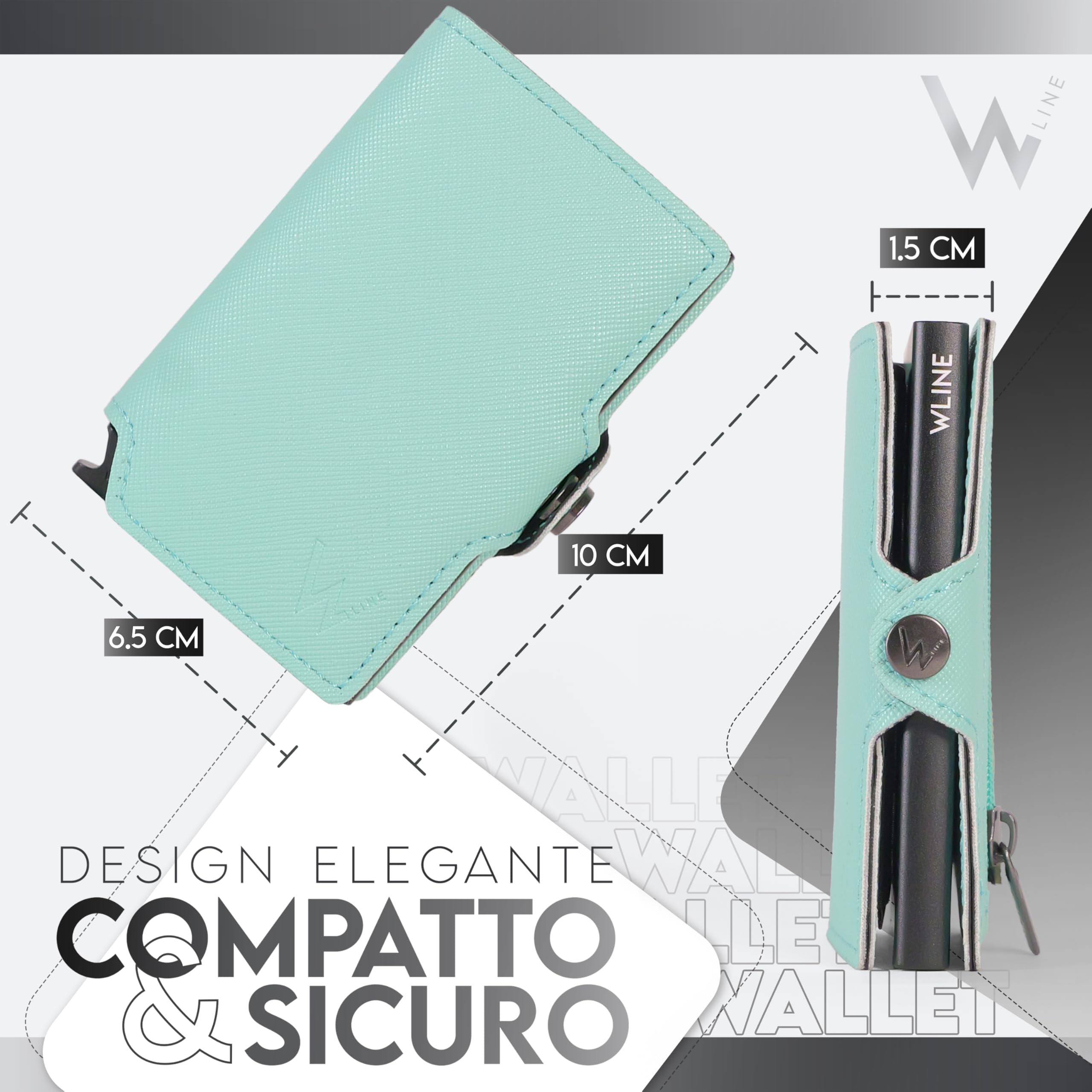 WLine Portafoglio Donna Piccolo con Portamonete Rfid Compatto ed Elegante - Porta Carte di Credito Donna e Uomo Schermato in Pelle PU - Portatessere Tascabile (Turchese e Nero Saffiano, Con Zip)