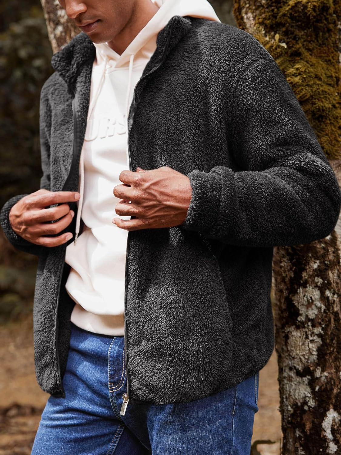 Runcati Mens Fuzzy Sherpa Jacket Cardigan Fleece Long Sleeve Full Zip Open Front Thermal Coat Fall Winter Outwear - Image 2