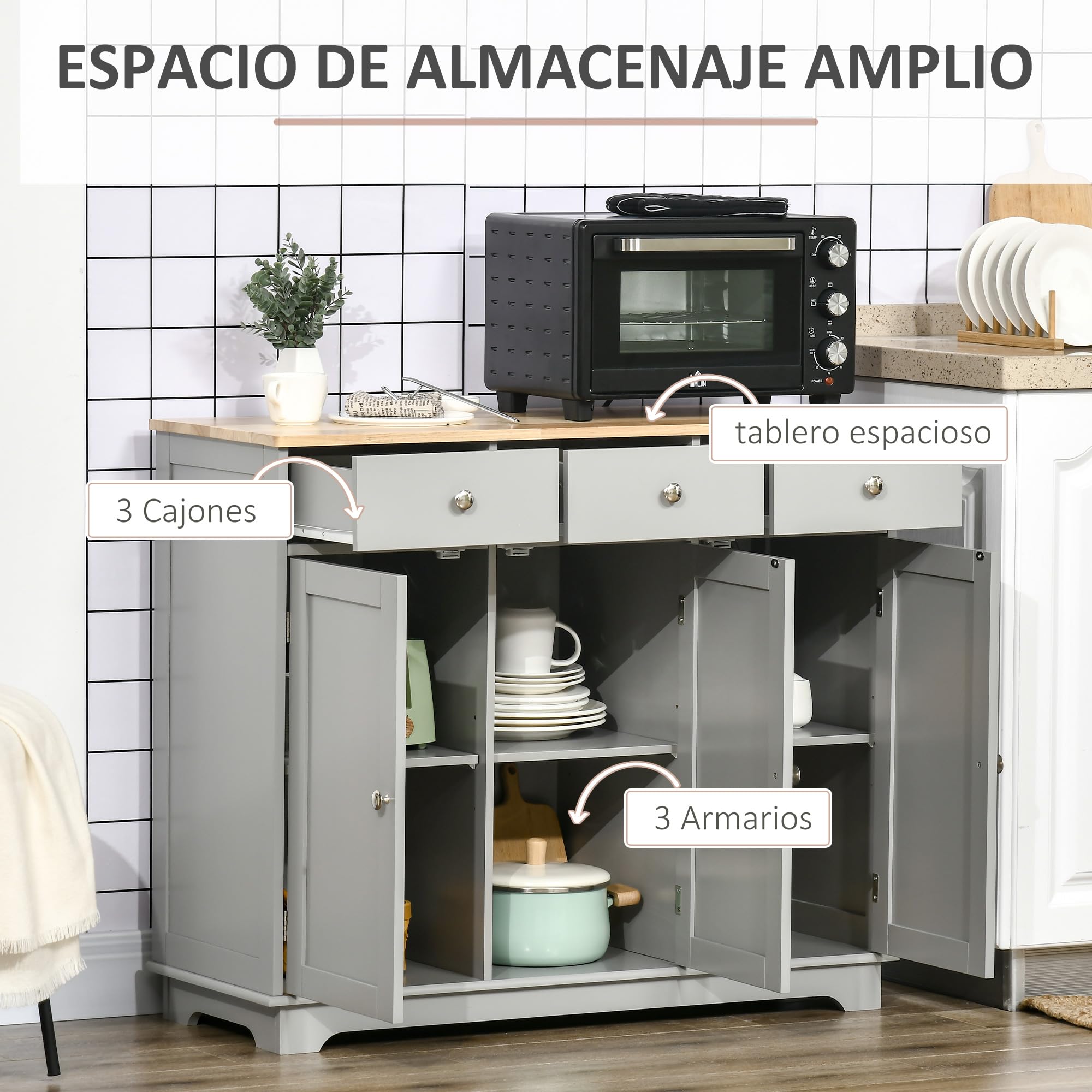 HOMCOM Aparador de Cocina con 3 Cajones 3 Puertas y Estantes Ajustables Mueble Auxiliar de Almacenaje para Comedor Salón Estilo Moderno Antivuelco 101x40x85 cm Gris